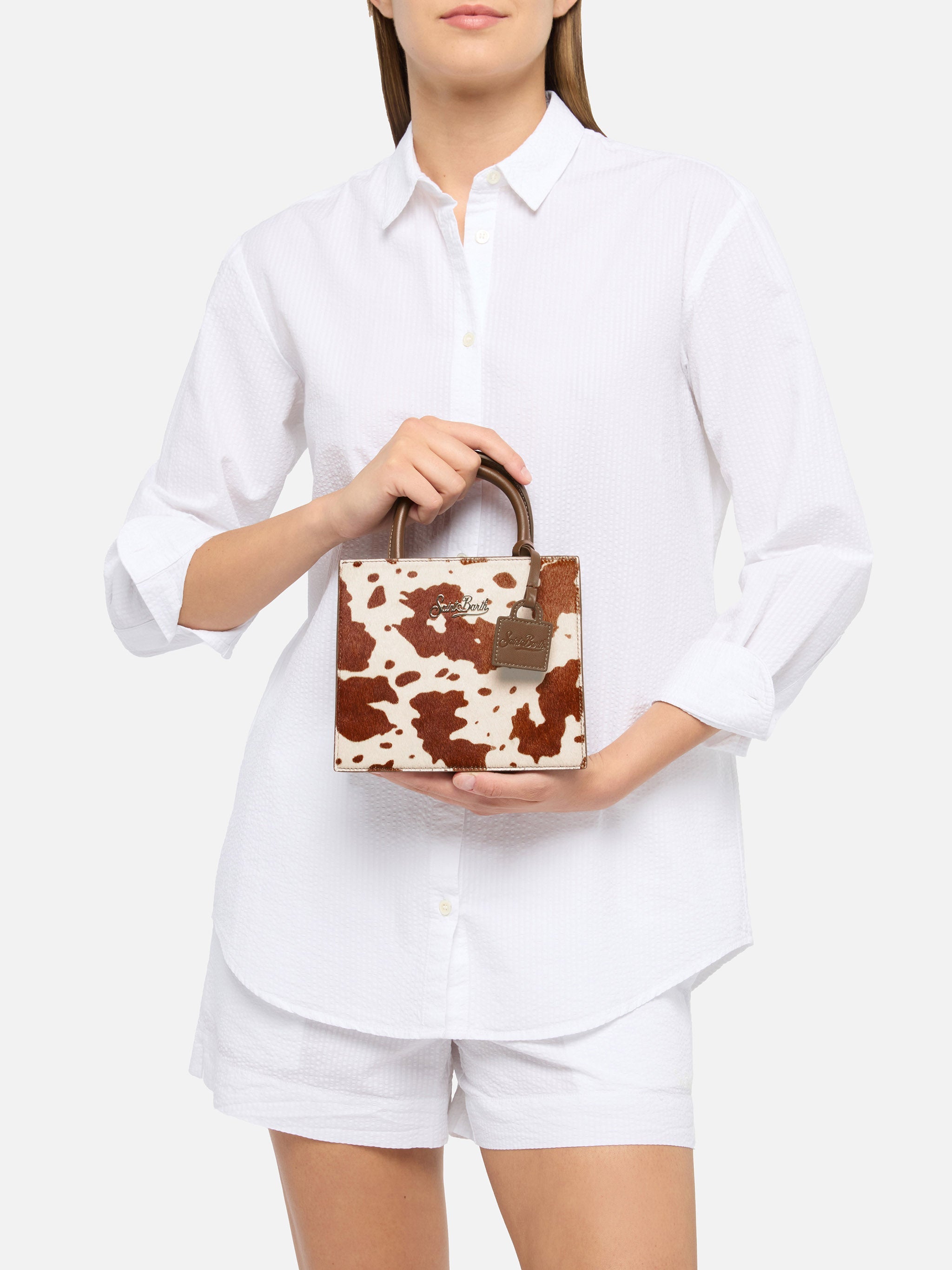 Shop Bag Mini Pony Hair With Cow Skin Print White