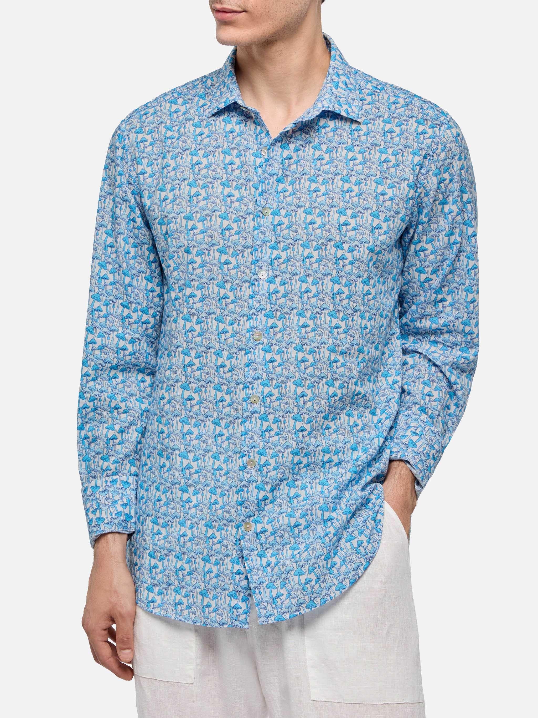 Man Muslin Cotton Shirt Sikelia With Mushroom Print Sky