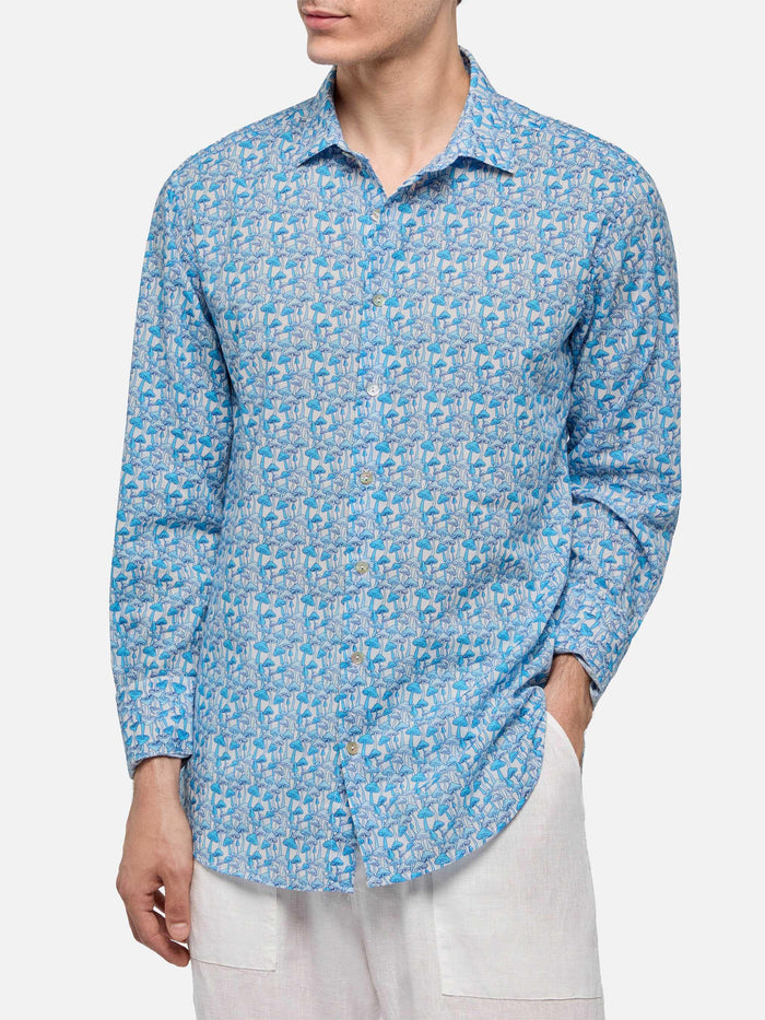 Man Muslin Cotton Shirt Sikelia With Mushroom Print Sky
