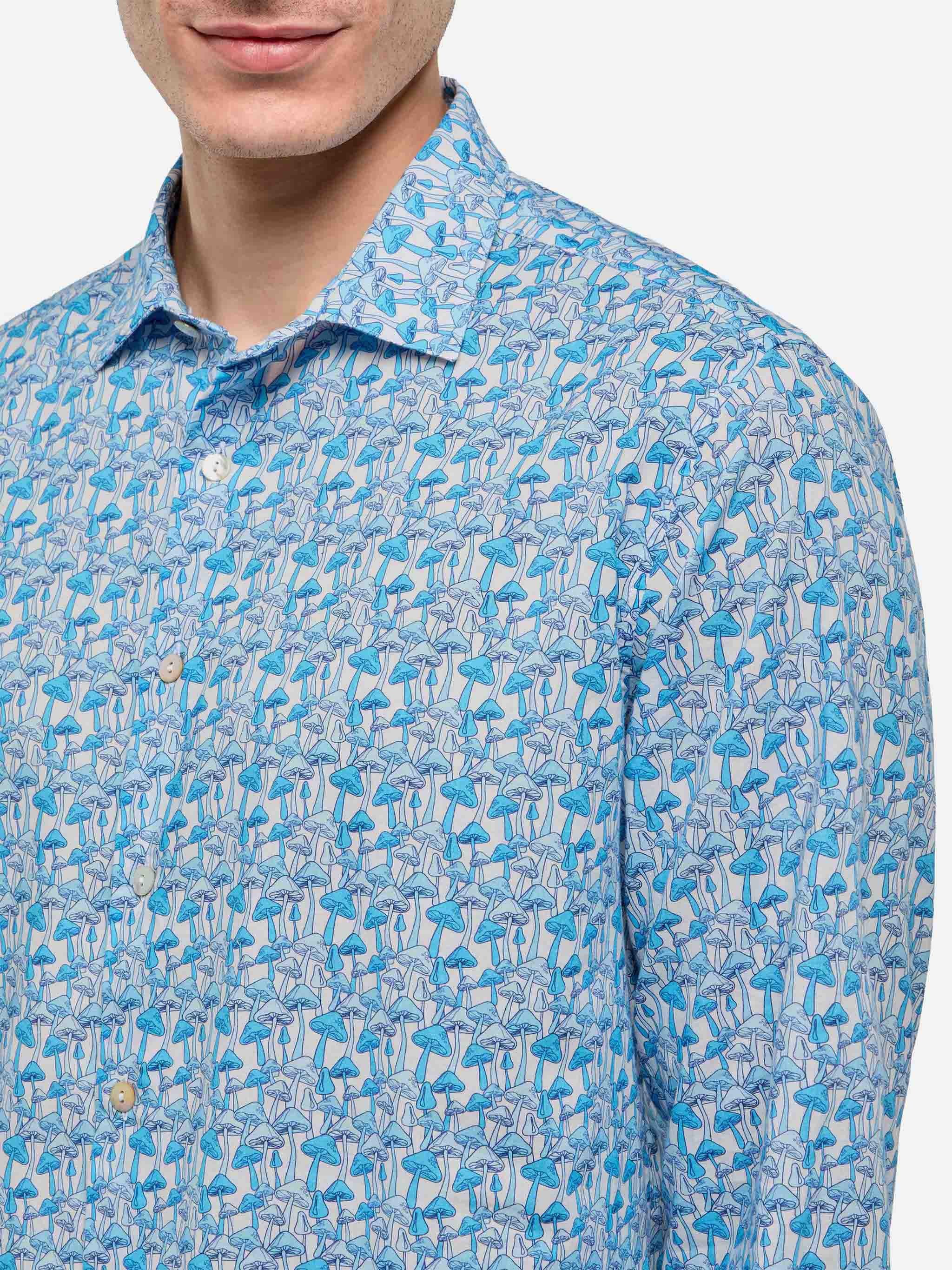 Man Muslin Cotton Shirt Sikelia With Mushroom Print Sky