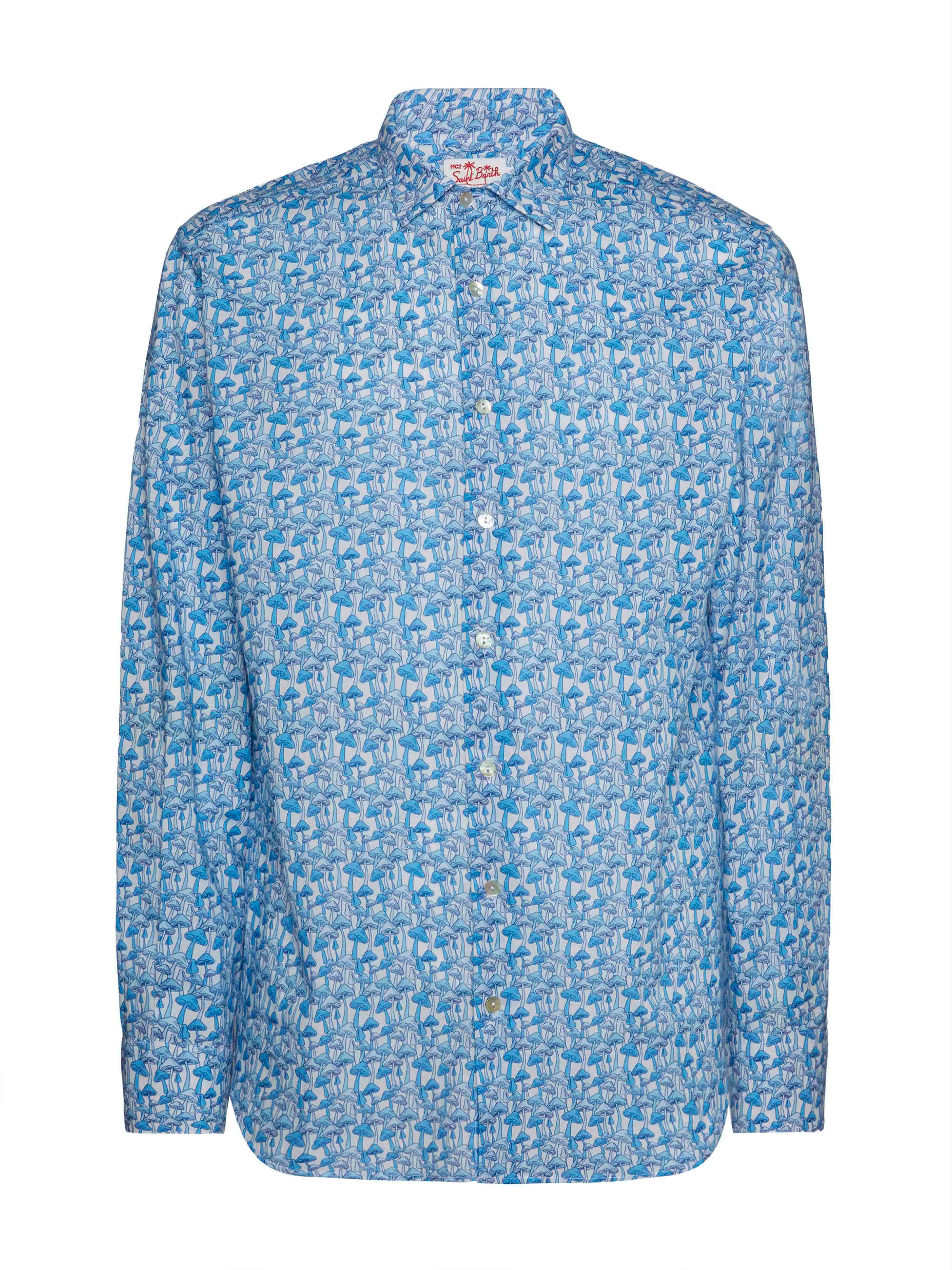Man Muslin Cotton Shirt Sikelia With Mushroom Print Sky