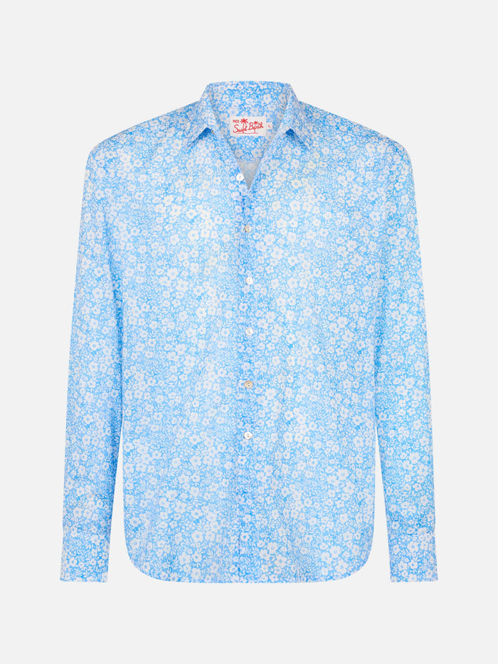 Man Muslin Cotton Shirt Sikelia With Micro Flower Print Sky