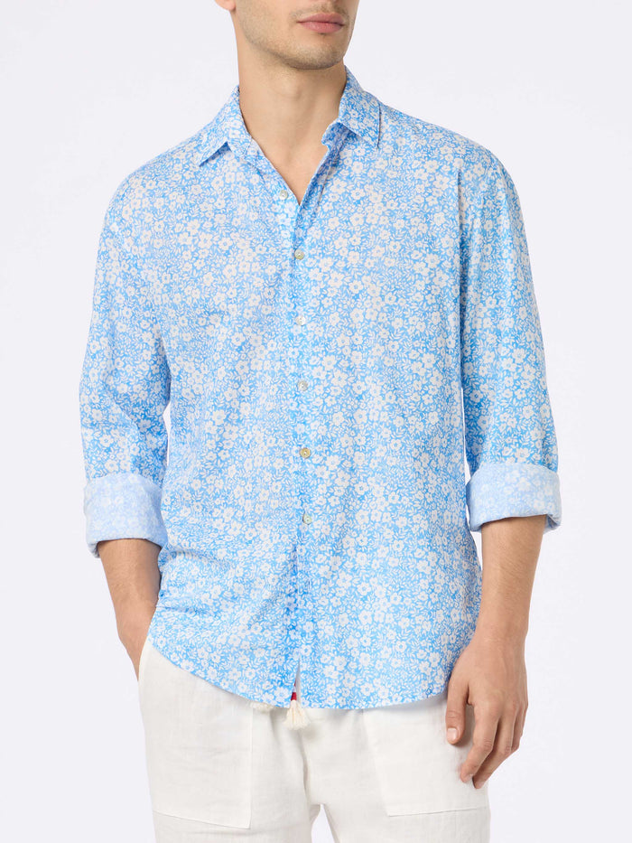 Man Muslin Cotton Shirt Sikelia With Micro Flower Print Sky