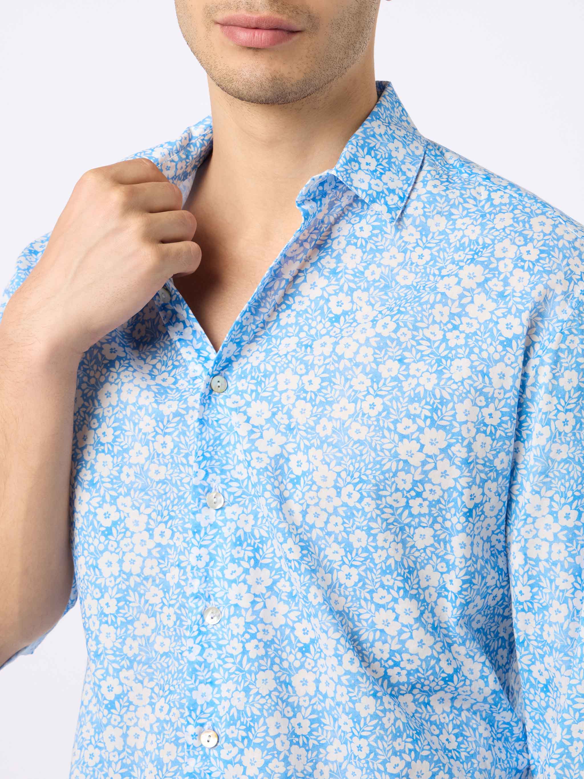 Man Muslin Cotton Shirt Sikelia With Micro Flower Print Sky