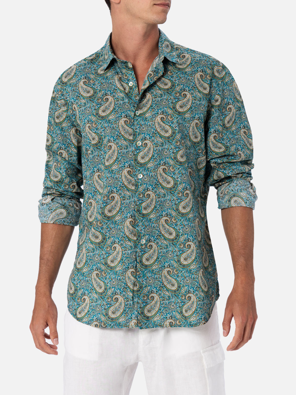 Man Muslin Cotton Shirt Sikelia With Paisley Print Green