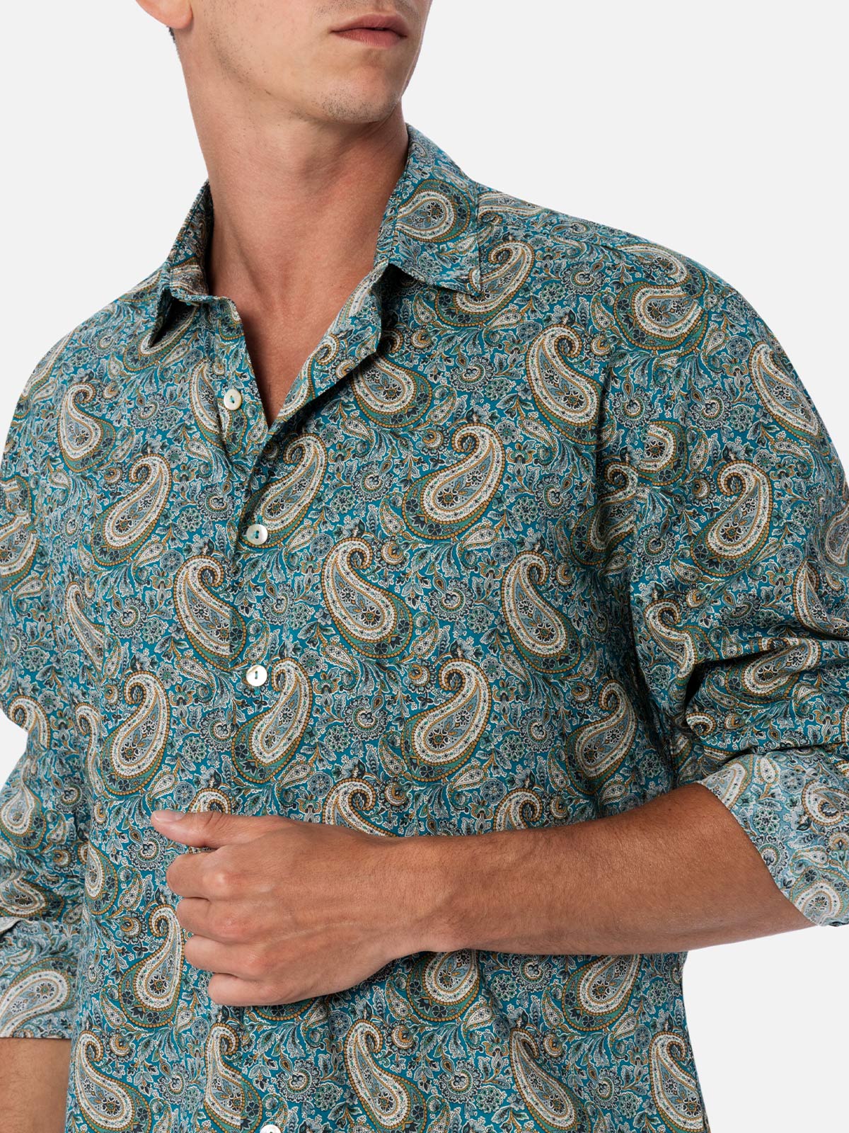 Man Muslin Cotton Shirt Sikelia With Paisley Print Green
