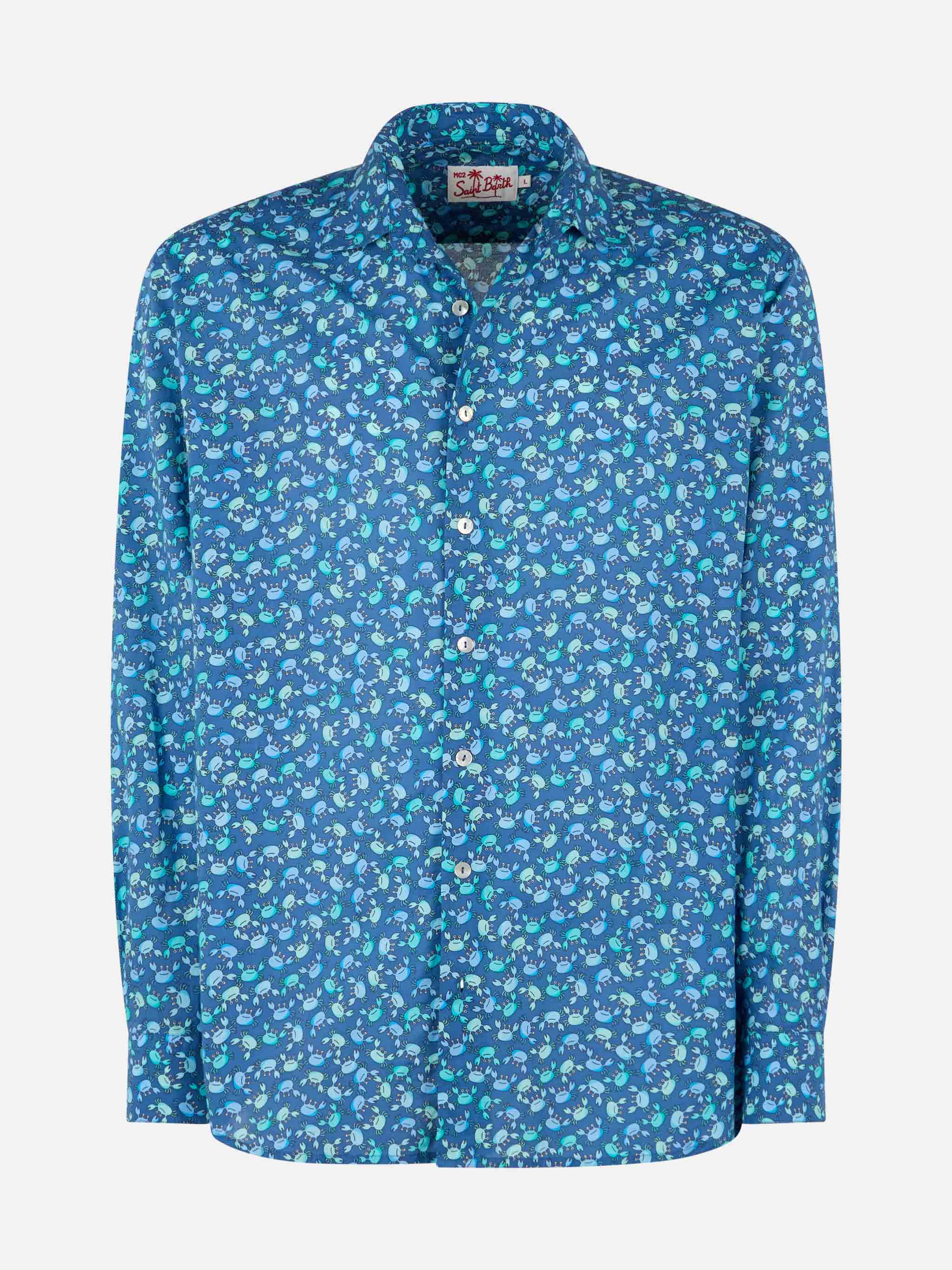 Man Muslin Cotton Shirt Sikelia With Crabs Print Blue