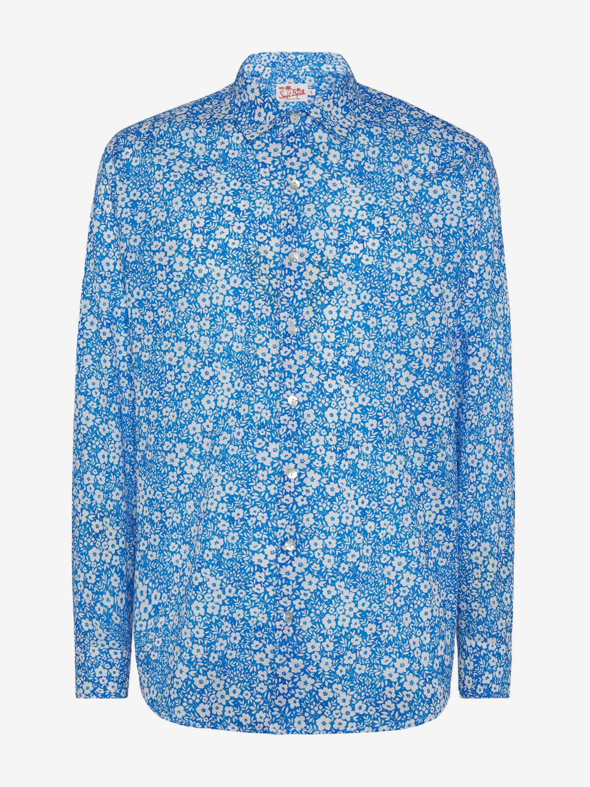 Muslin Cotton Shirt Sikelia With Floral Print Sky