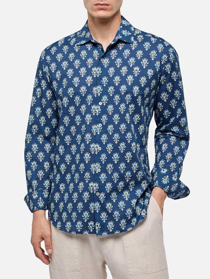Muslin Cotton Shirt Sikelia With Boho Print Blue