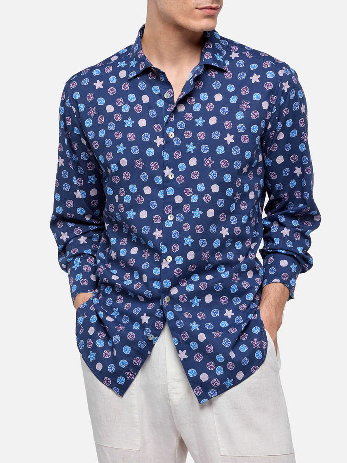 Muslin Cotton Shirt Sikelia With Ethnic Print Blue