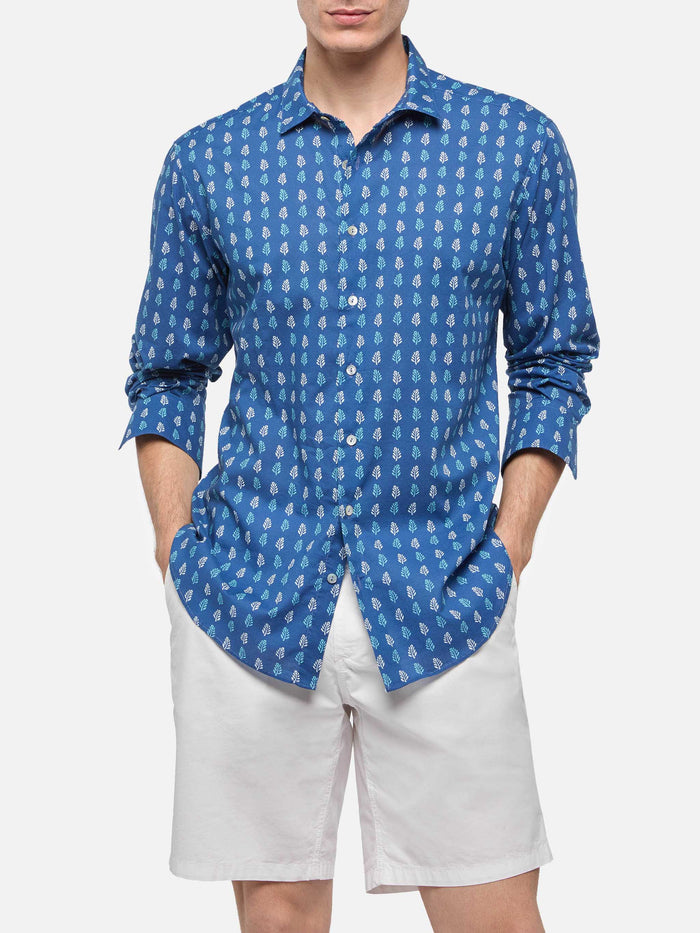 Muslin Cotton Shirt Sikelia With Batik Print Blue