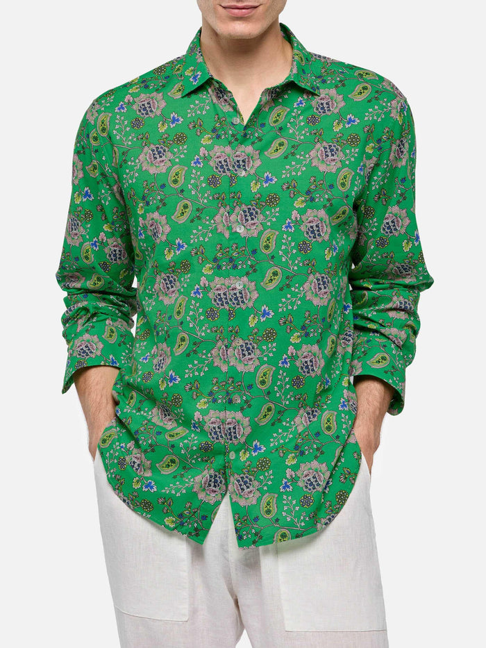 Man Muslin Cotton Shirt Sikelia With Boho Print Green