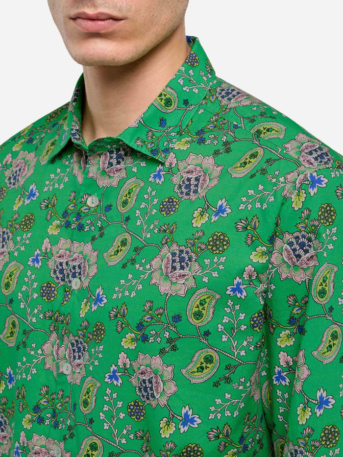 Man Muslin Cotton Shirt Sikelia With Boho Print Green