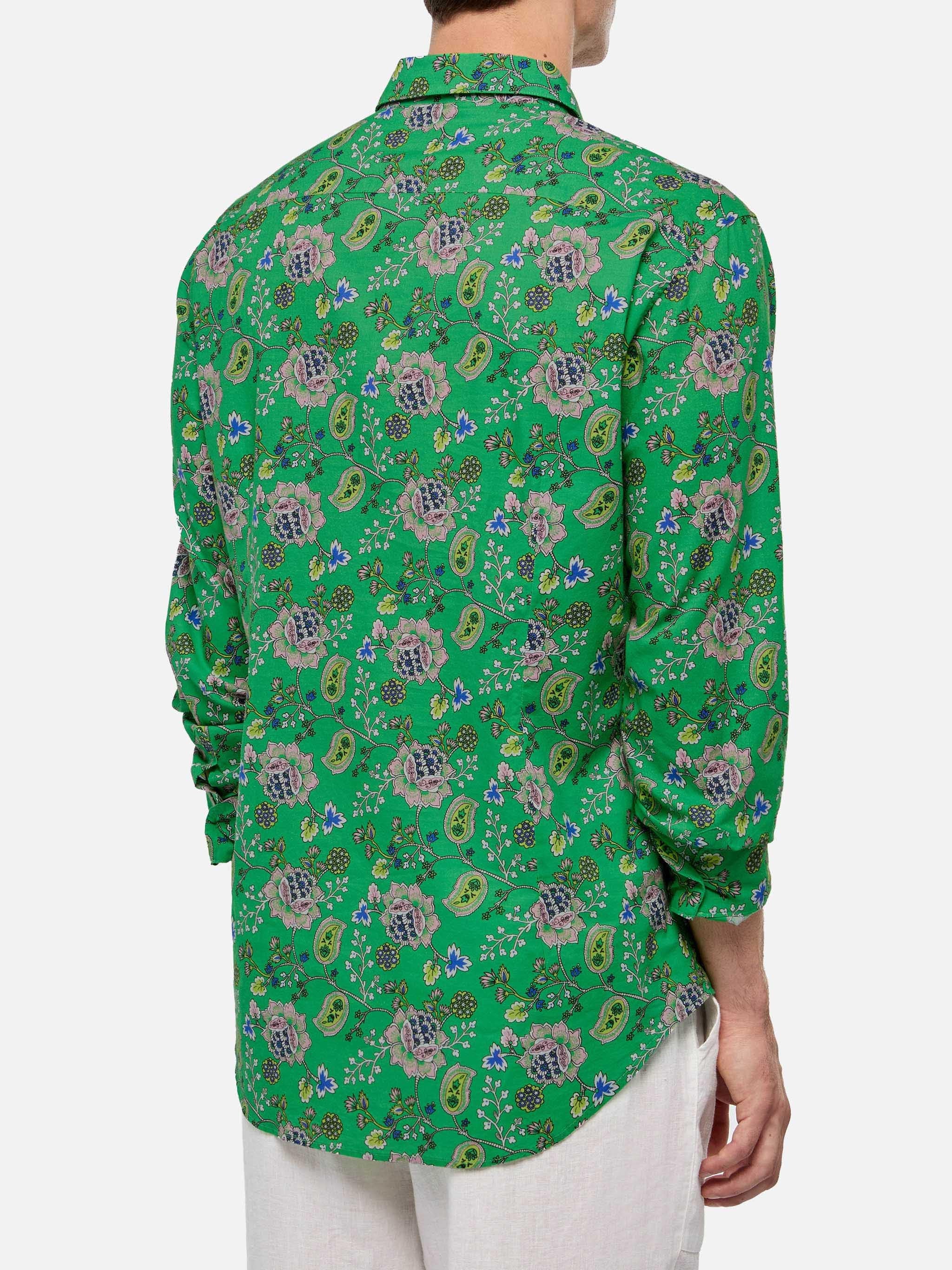 Man Muslin Cotton Shirt Sikelia With Boho Print Green