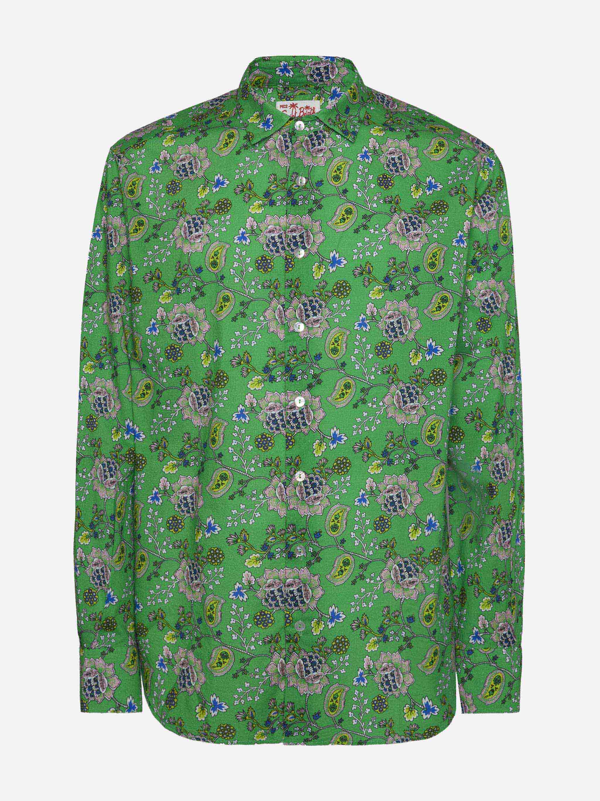 Man Muslin Cotton Shirt Sikelia With Boho Print Green