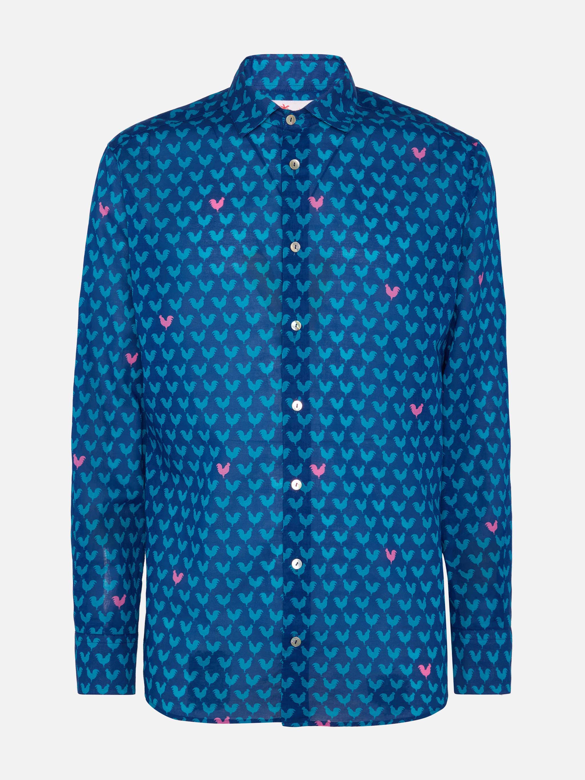 Man Muslin Cotton Sikelia Shirt With Rooster Print Blue