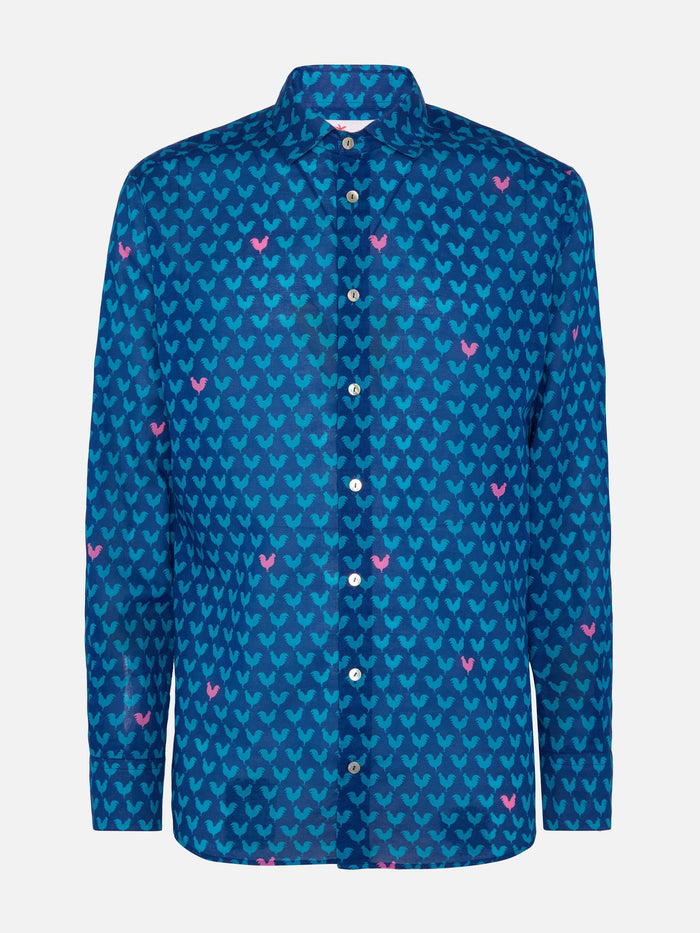 Man Muslin Cotton Sikelia Shirt With Rooster Print Blue