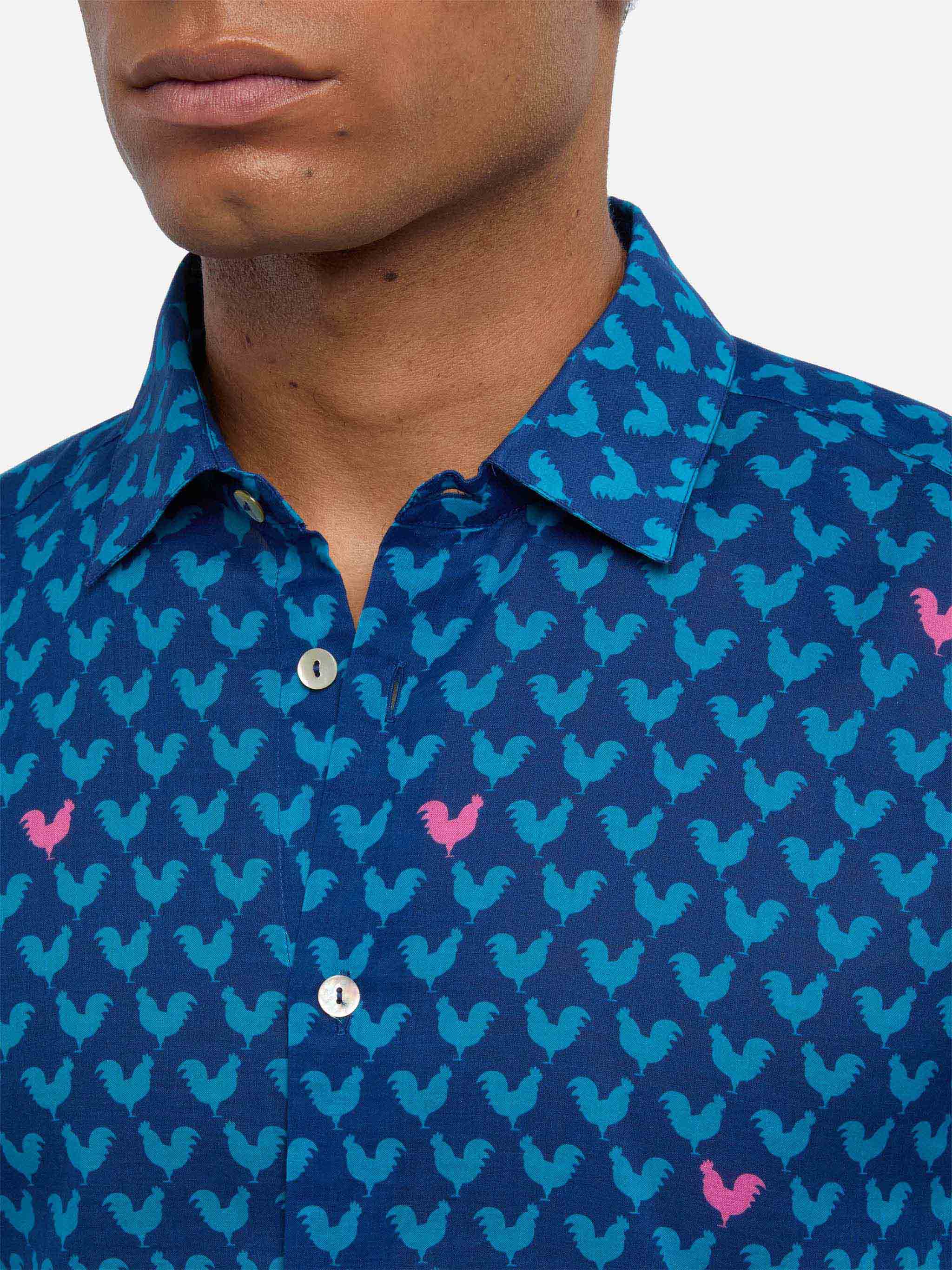 Man Muslin Cotton Sikelia Shirt With Rooster Print Blue