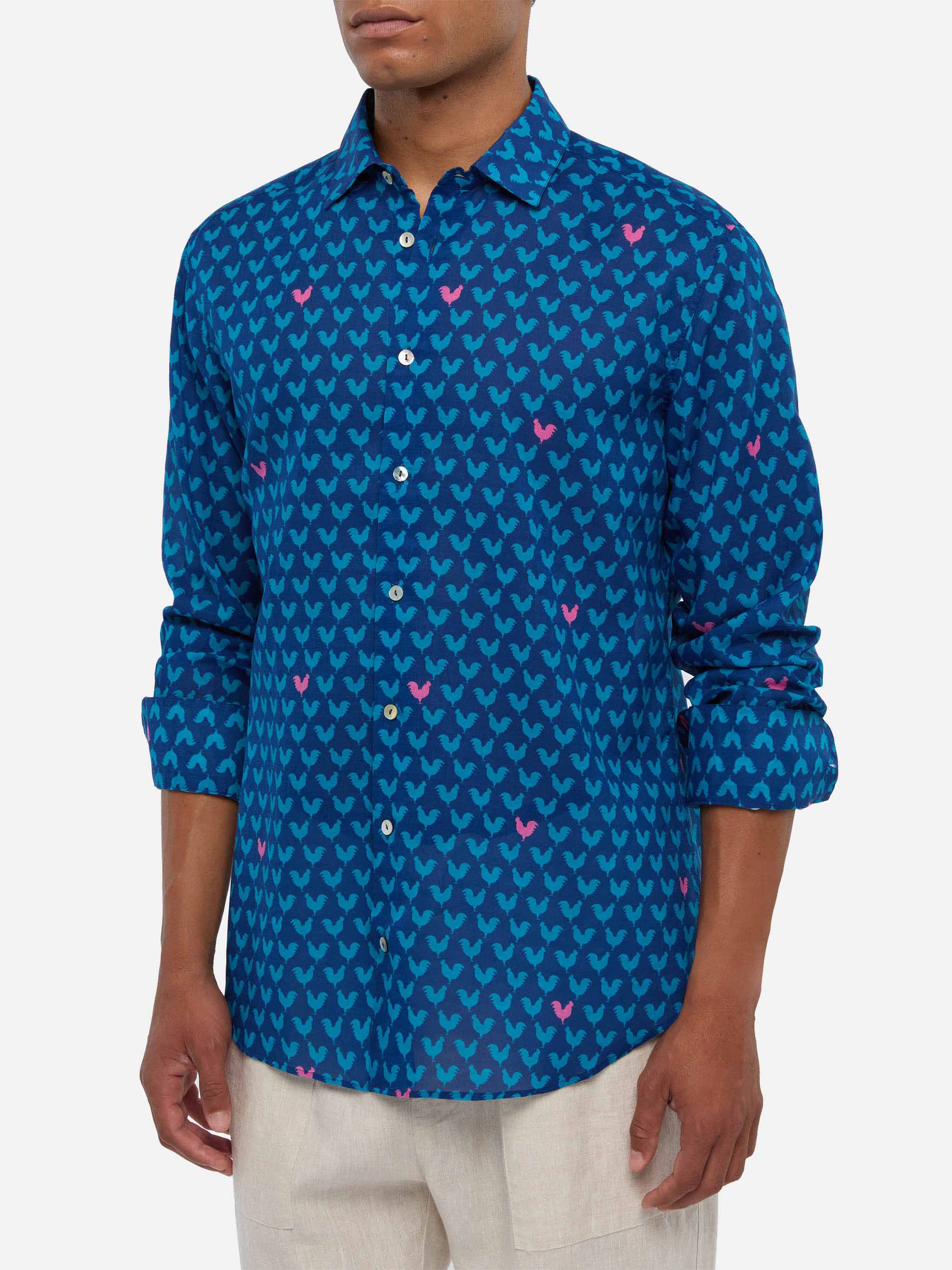 Man Muslin Cotton Sikelia Shirt With Rooster Print Blue