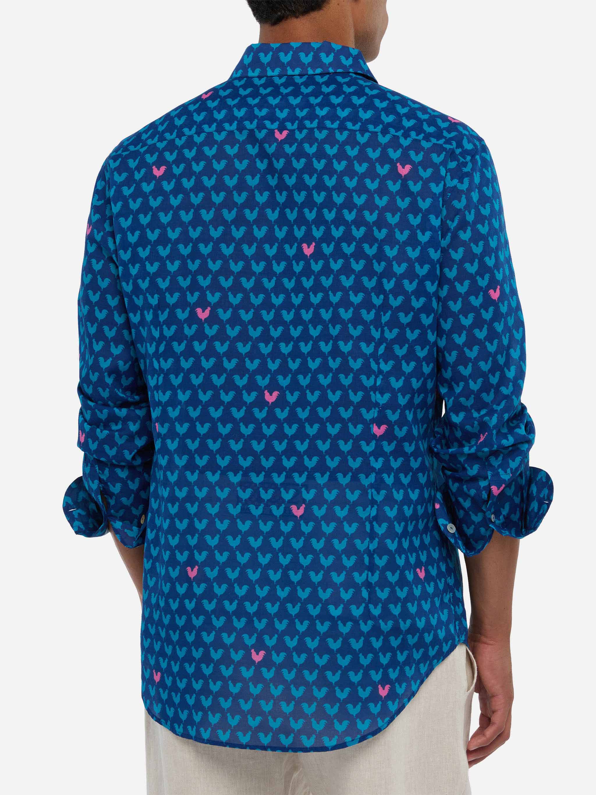 Man Muslin Cotton Sikelia Shirt With Rooster Print Blue