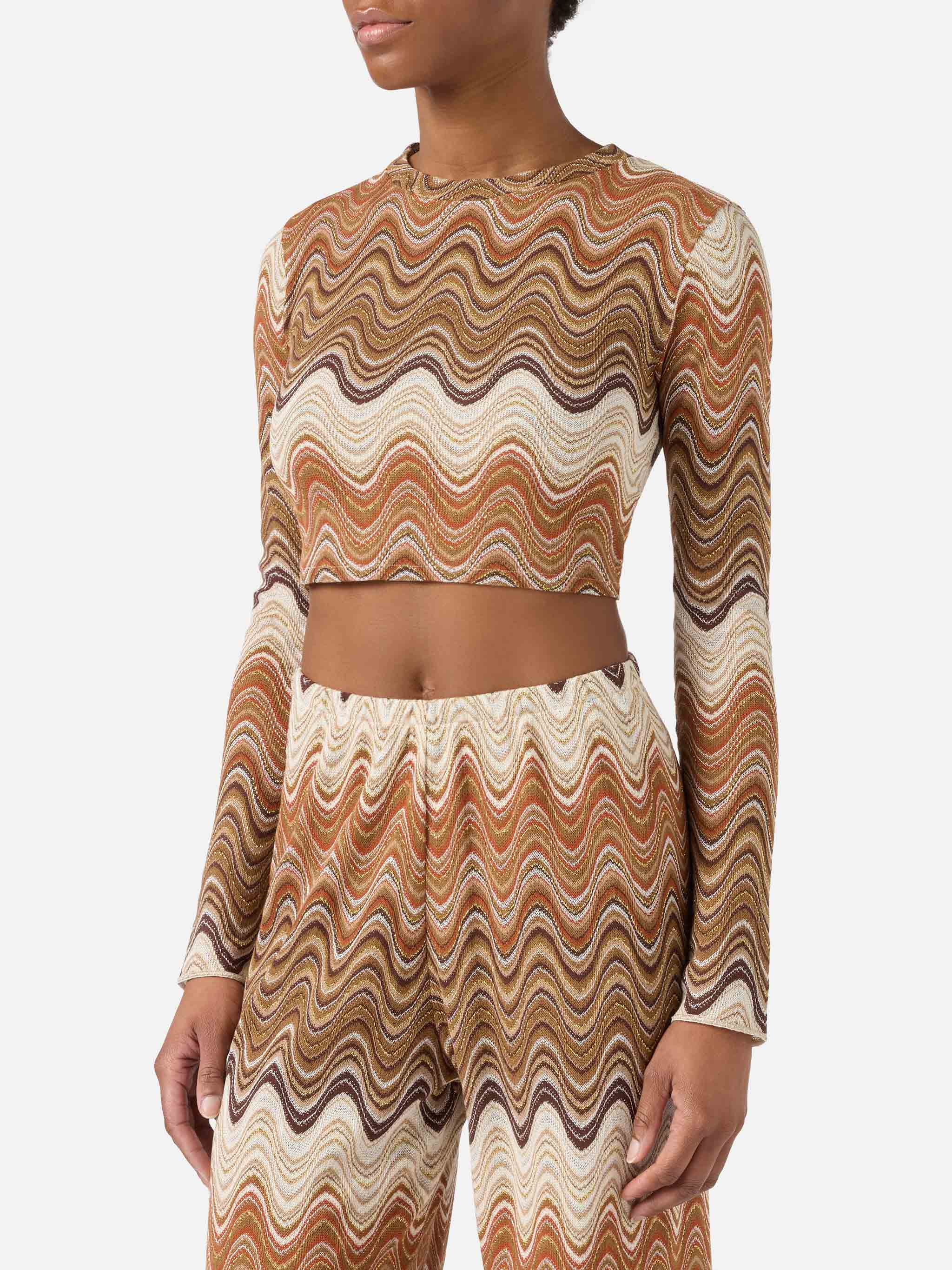 Siviglia Cropped Degradé Raschel Top With Wave Pattern Brown Shirt