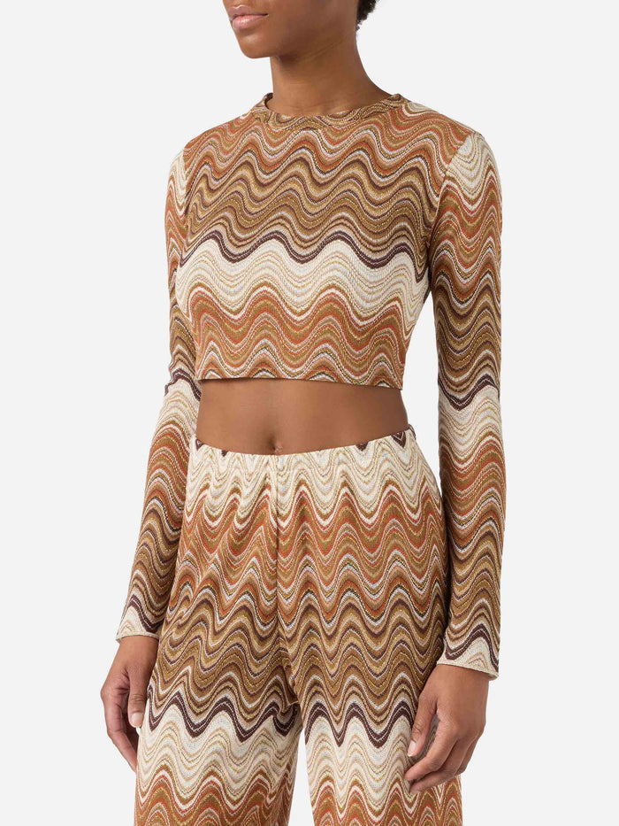 Siviglia Cropped Degradé Raschel Top With Wave Pattern Brown Shirt