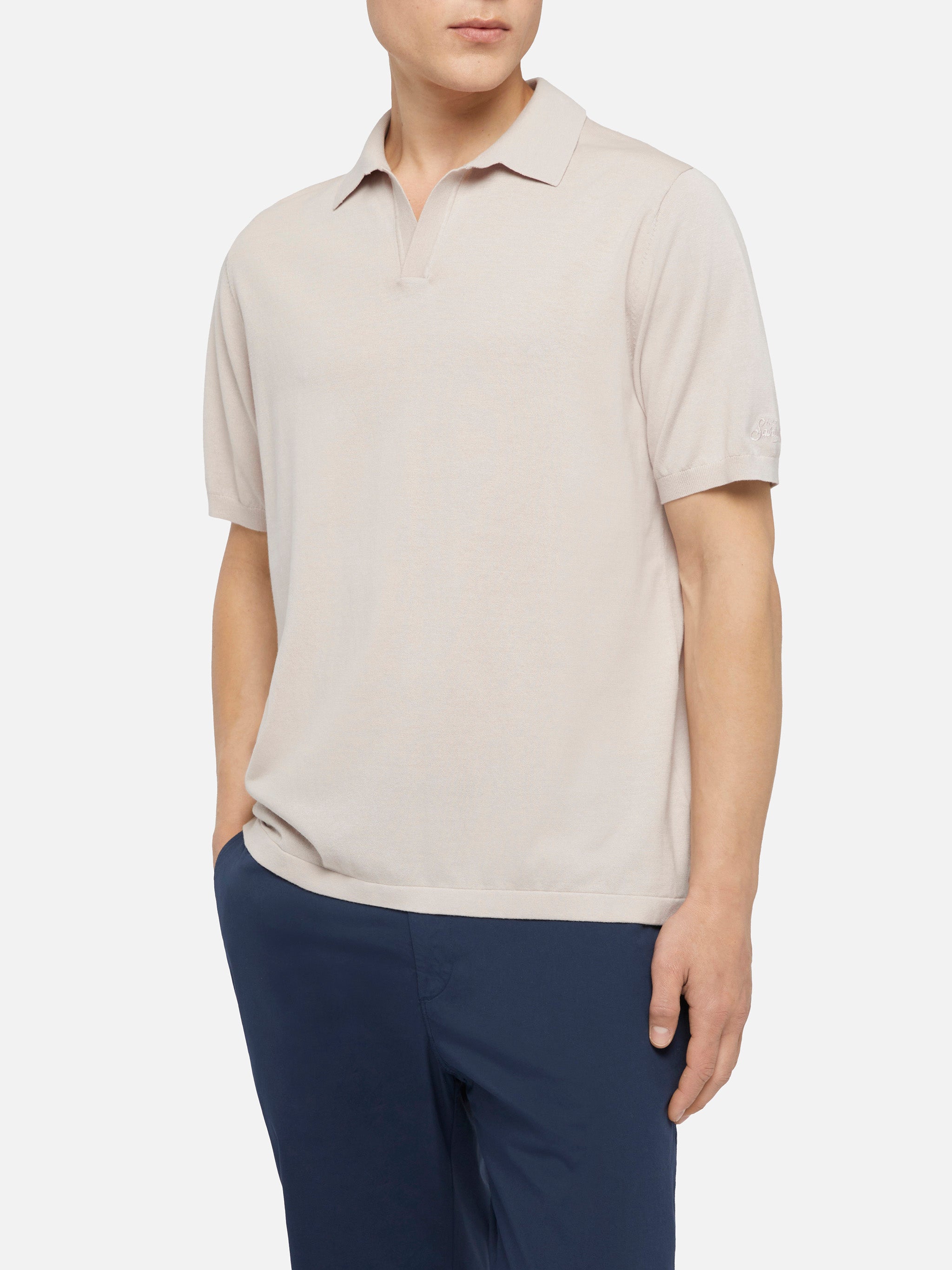 Sloan Stone Grey Buttonless Knitted Polo Shirt Knitwear