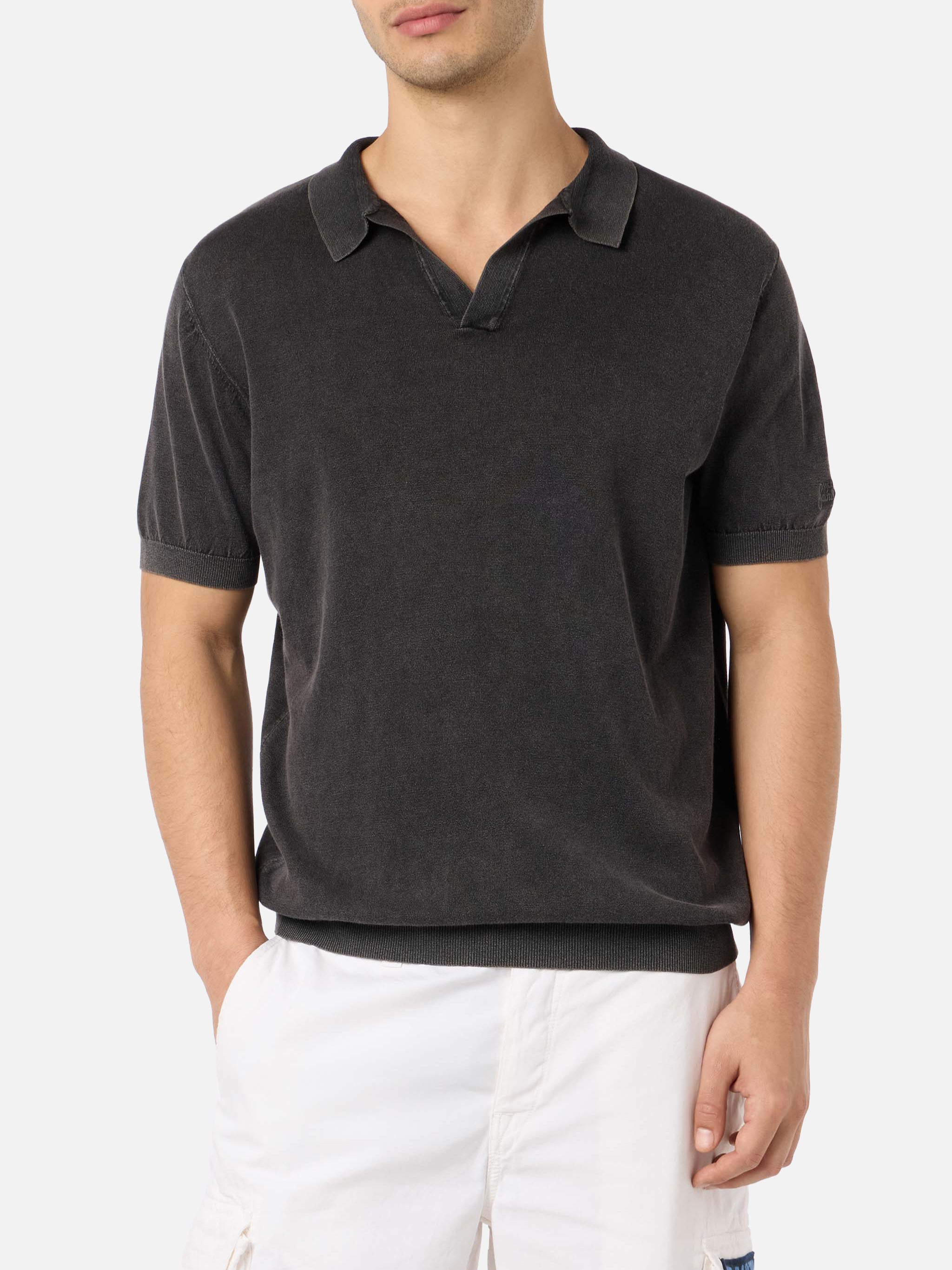 Black Buttonless Knitted Polo Shirt Sloan With Vintage Treatment Knitwear