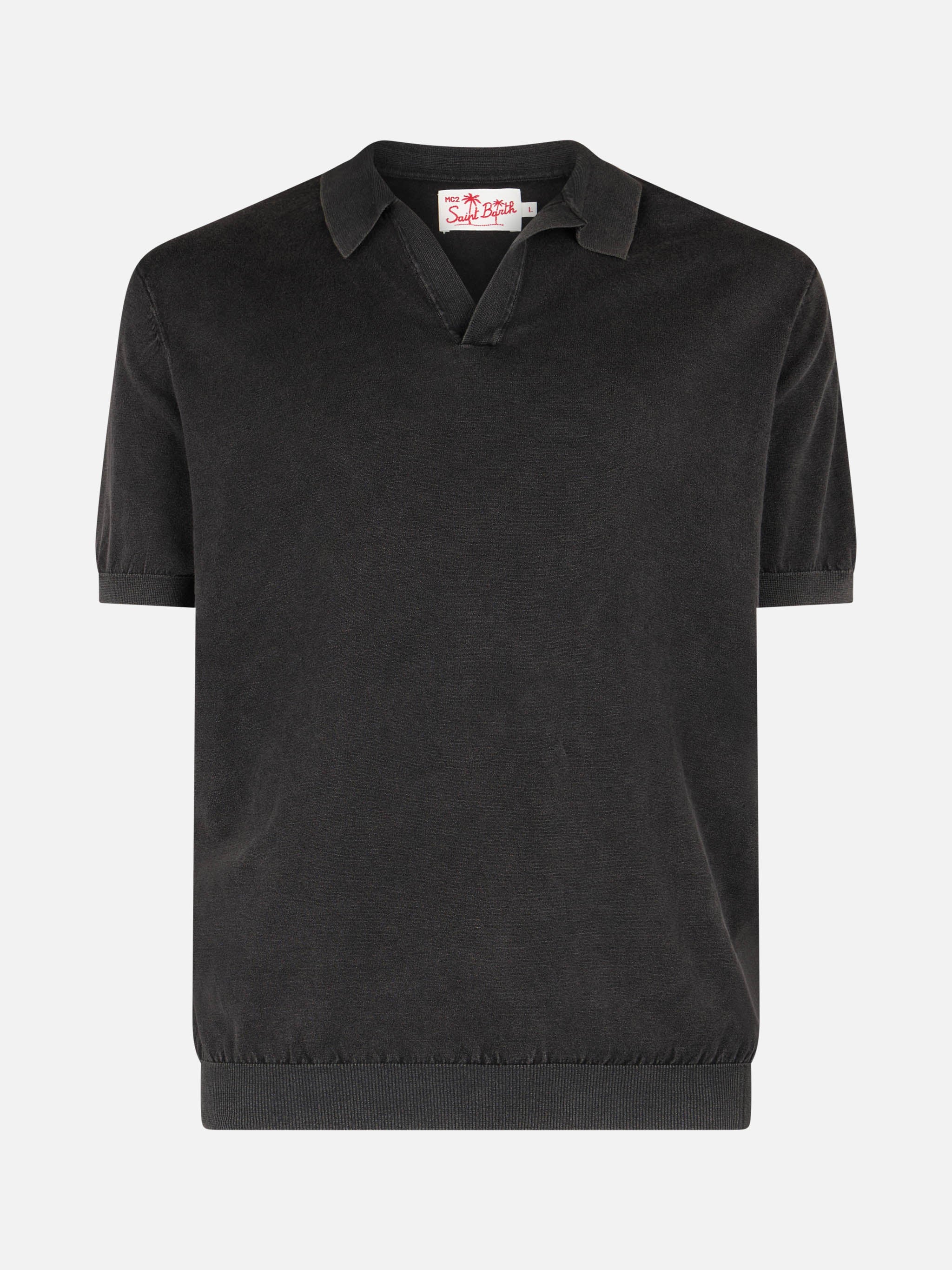 Black Buttonless Knitted Polo Shirt Sloan With Vintage Treatment Knitwear