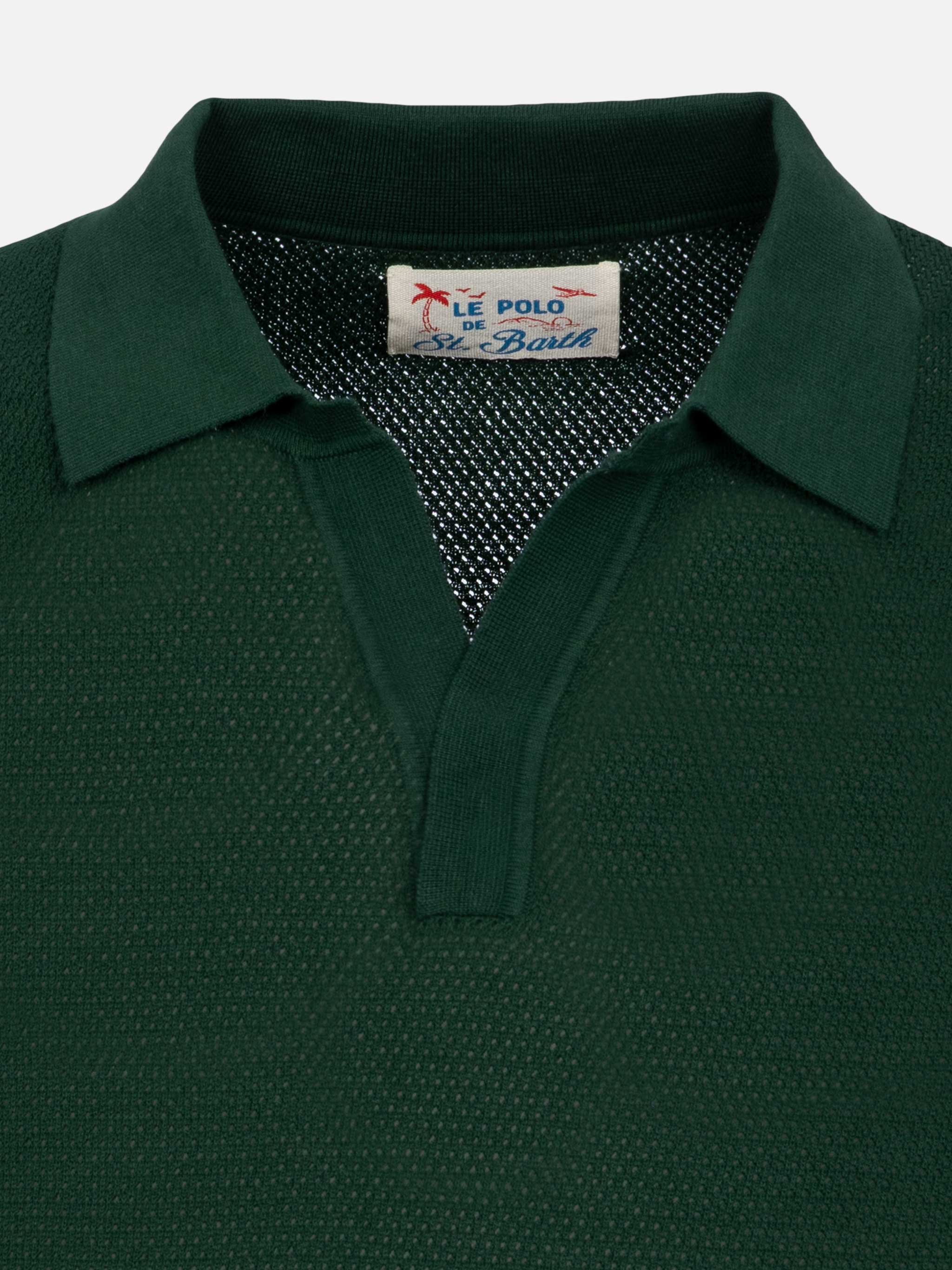 Sloan Green Buttonless Mesh Knitted Polo Shirt Knitwear