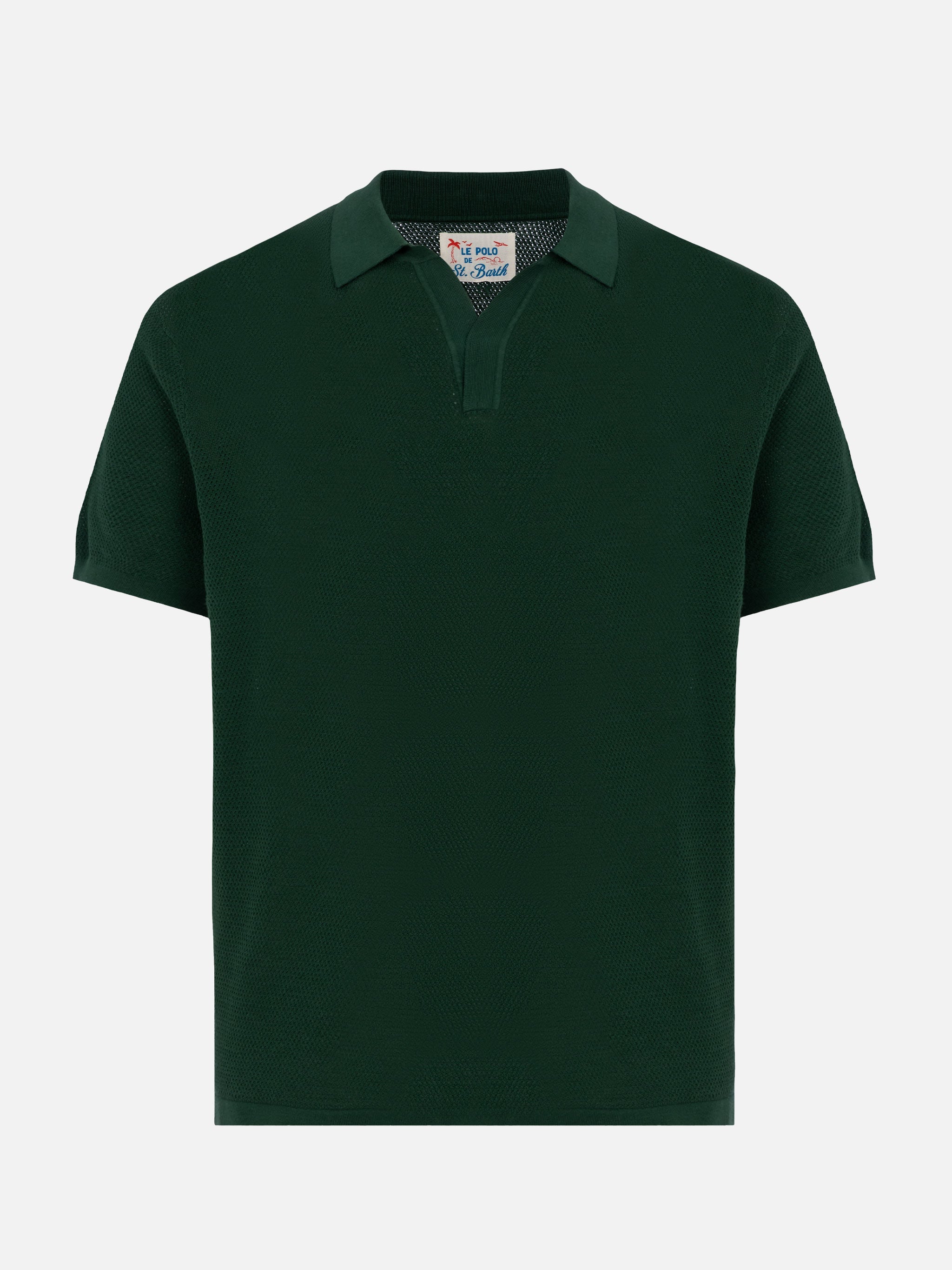 Sloan Green Buttonless Mesh Knitted Polo Shirt Knitwear