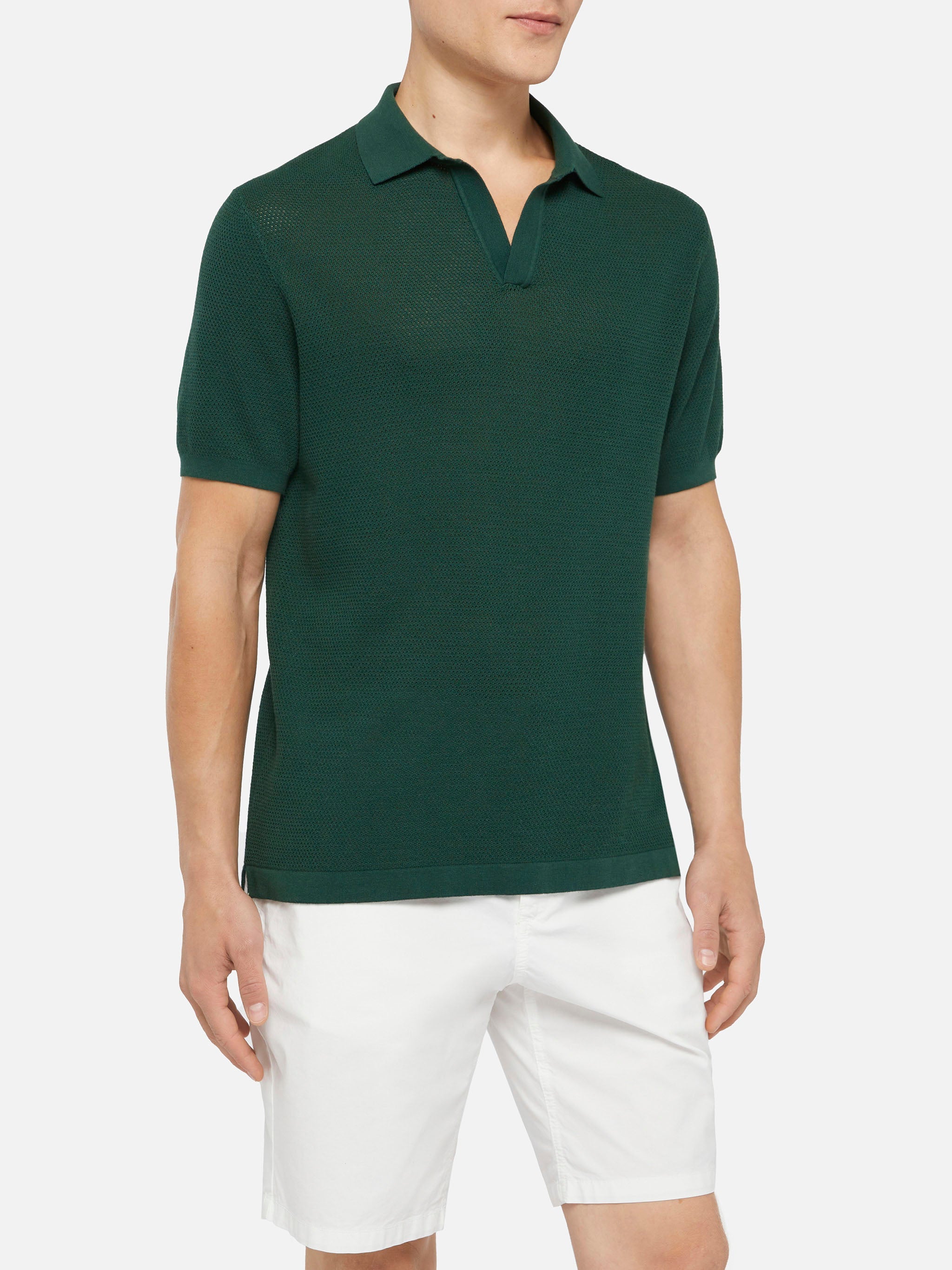 Sloan Green Buttonless Mesh Knitted Polo Shirt Knitwear