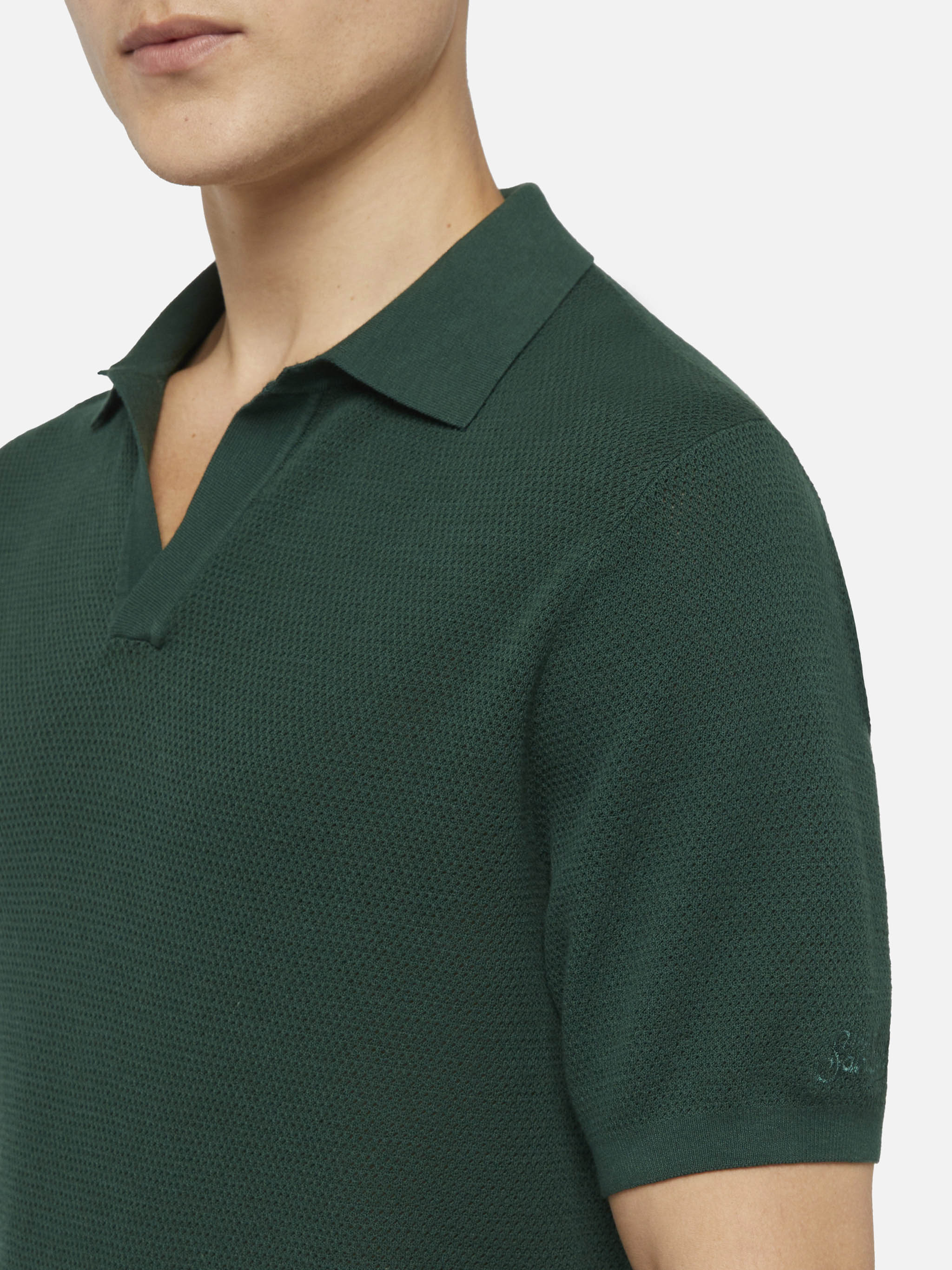 Sloan Green Buttonless Mesh Knitted Polo Shirt Knitwear