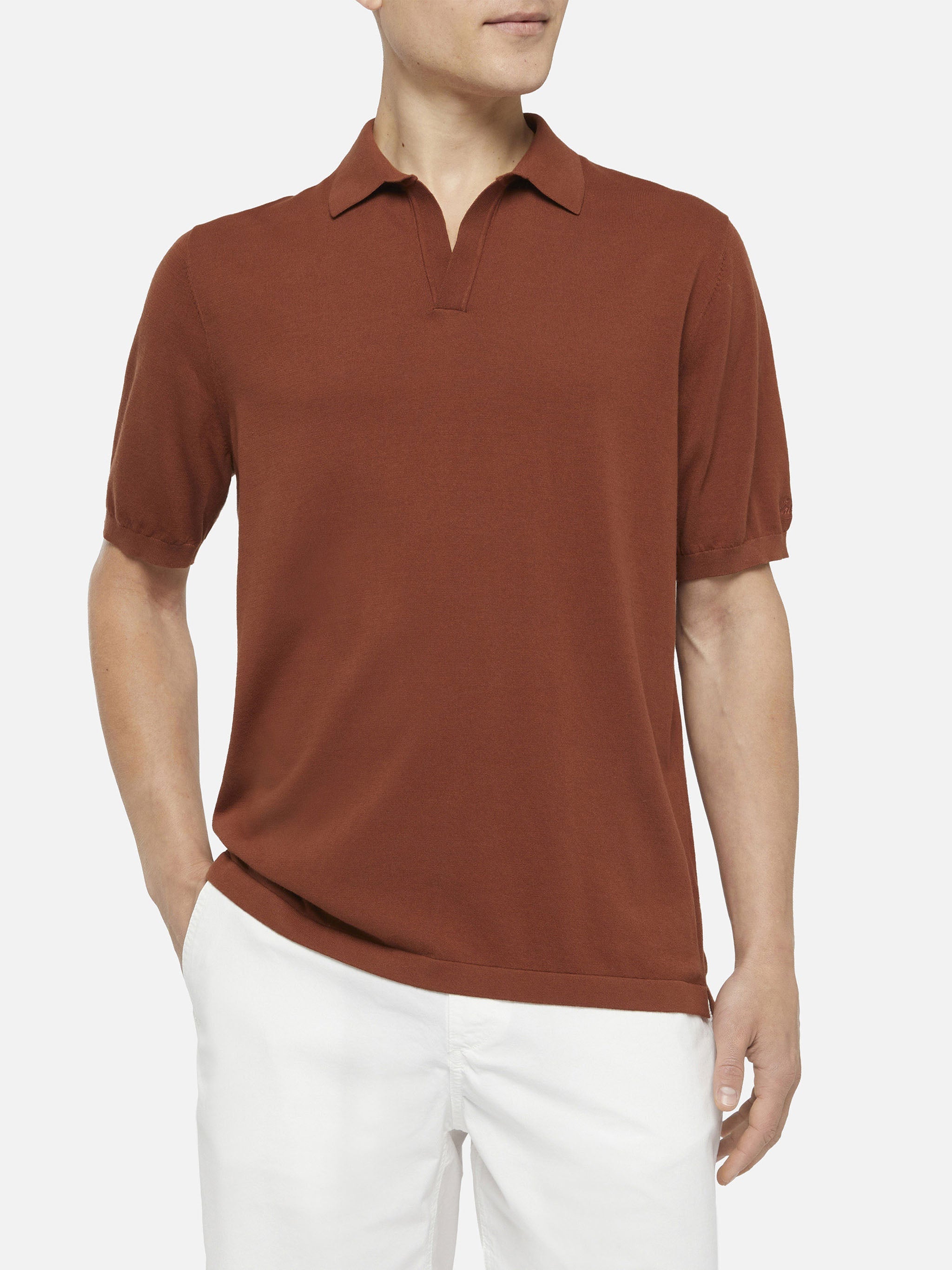 Sloan Camel Brown Buttonless Knitted Polo Shirt Knitwear