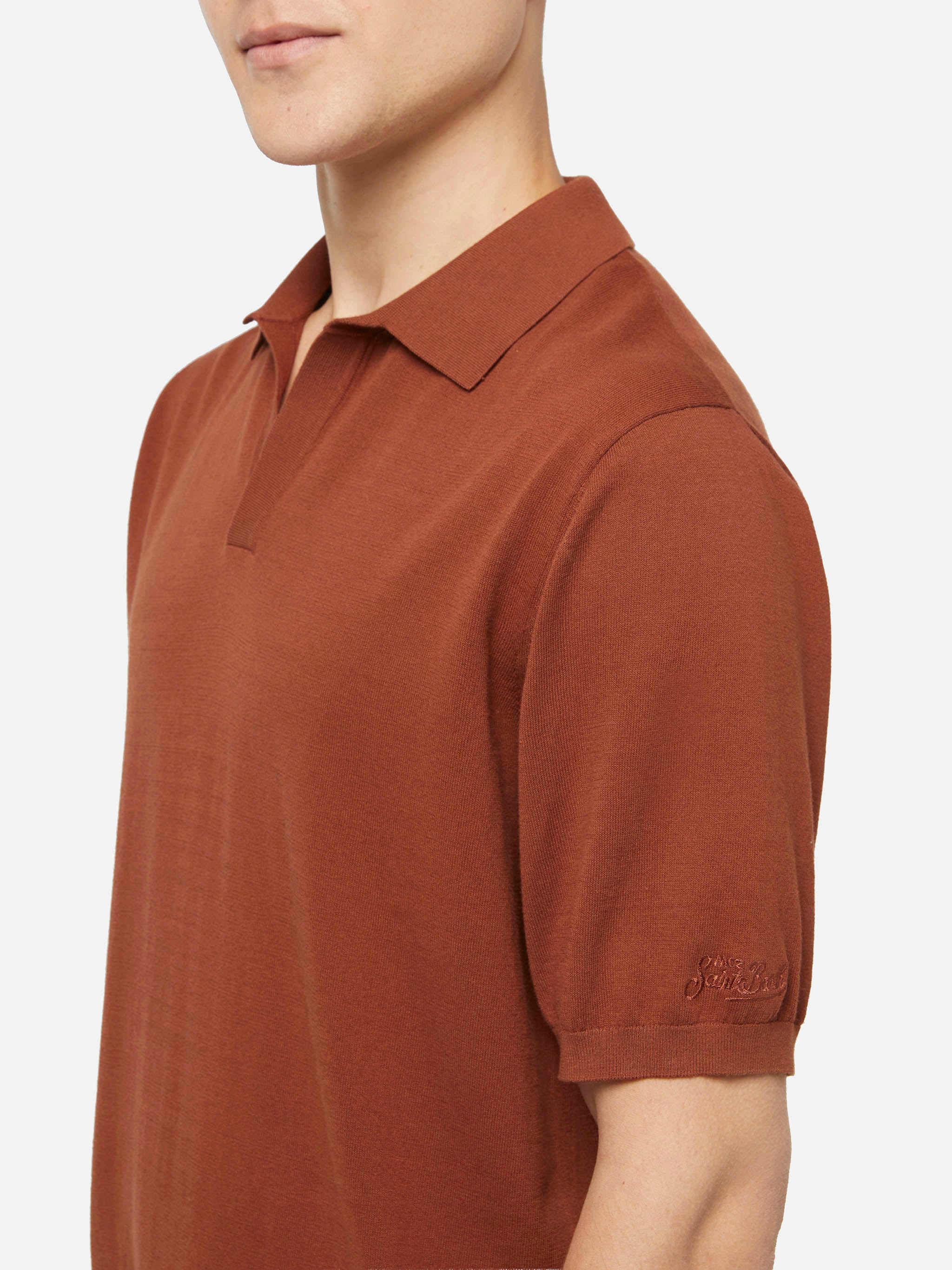 Sloan Camel Brown Buttonless Knitted Polo Shirt Knitwear
