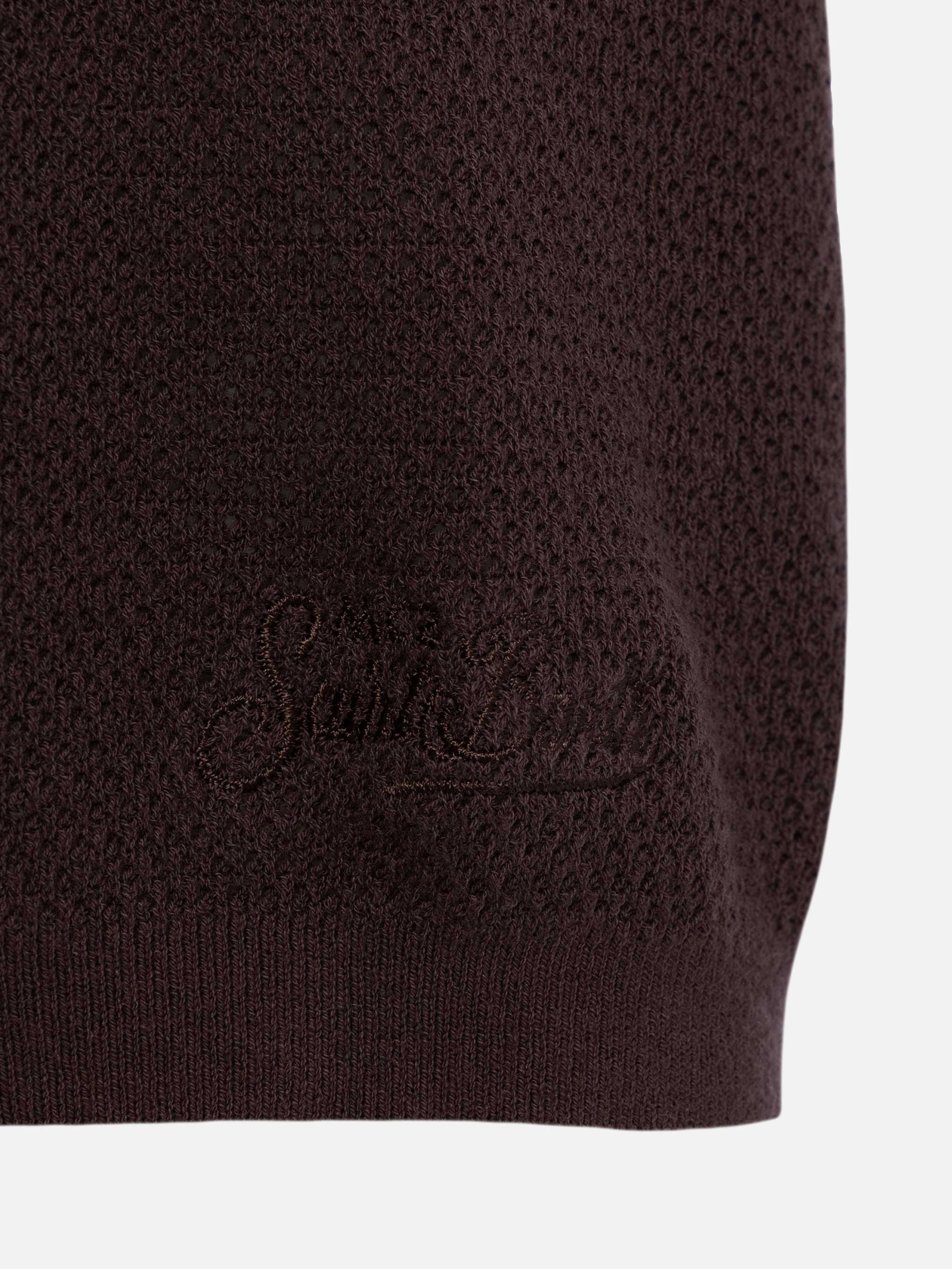 Sloan Brown Buttonless Mesh Knitted Polo Shirt Knitwear