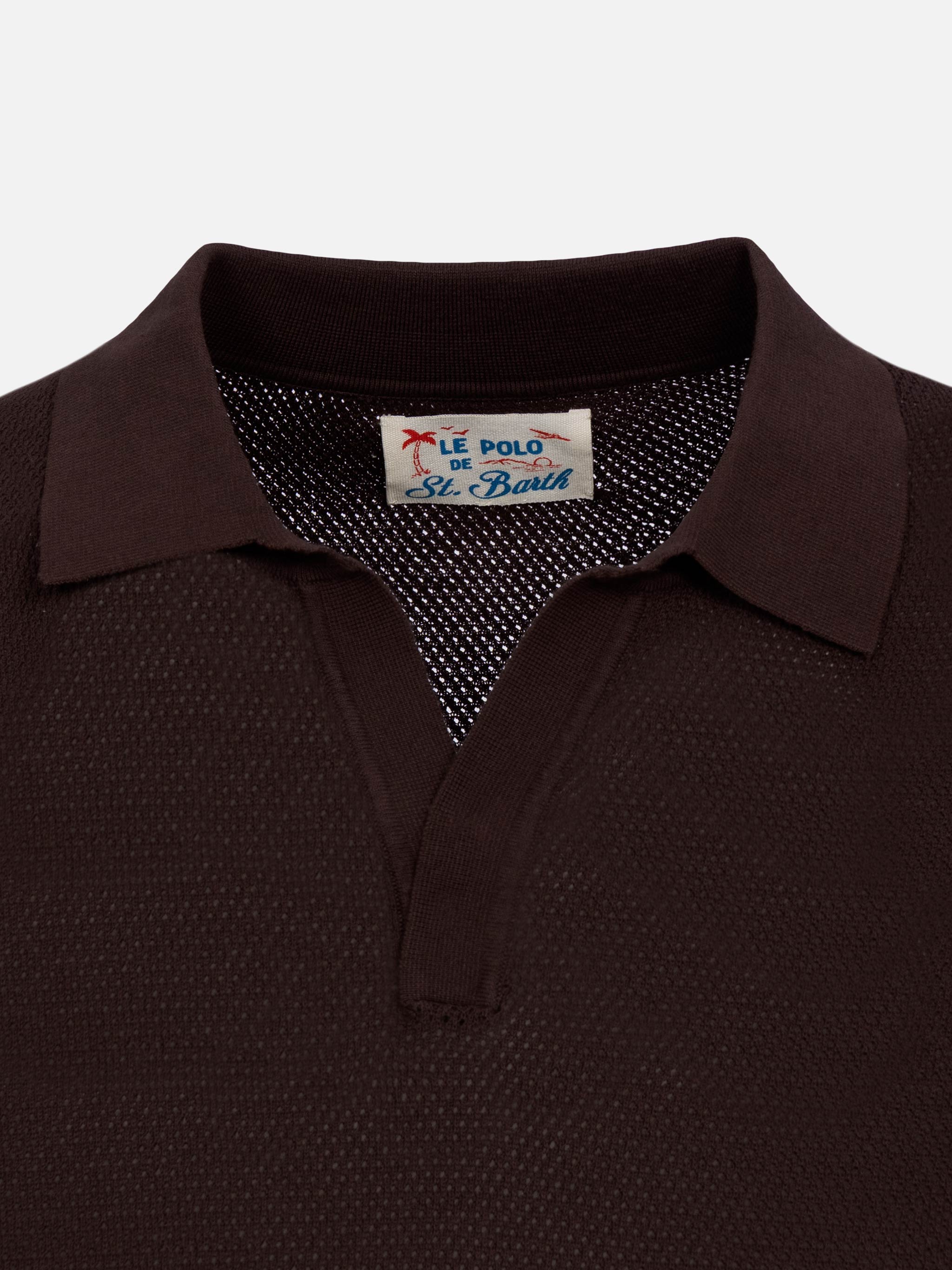 Sloan Brown Buttonless Mesh Knitted Polo Shirt Knitwear
