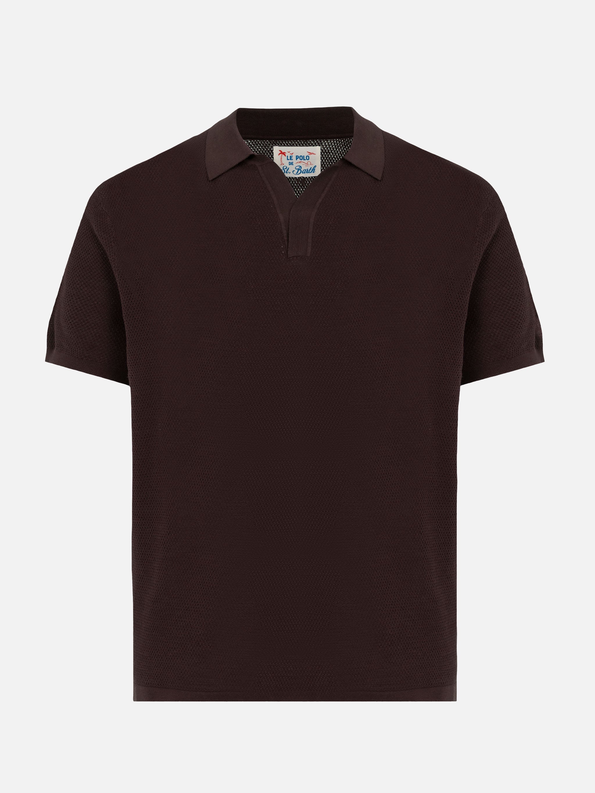 Sloan Brown Buttonless Mesh Knitted Polo Shirt Knitwear