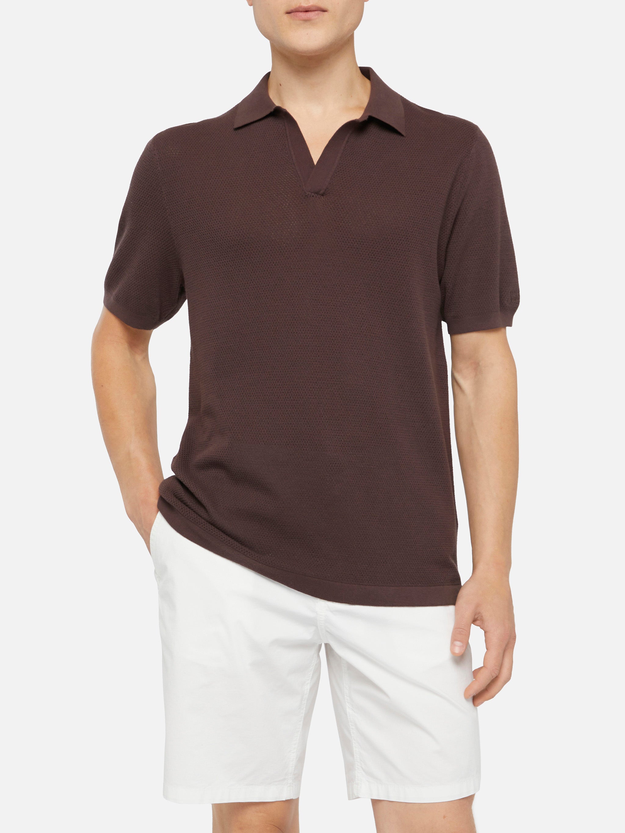 Sloan Brown Buttonless Mesh Knitted Polo Shirt Knitwear