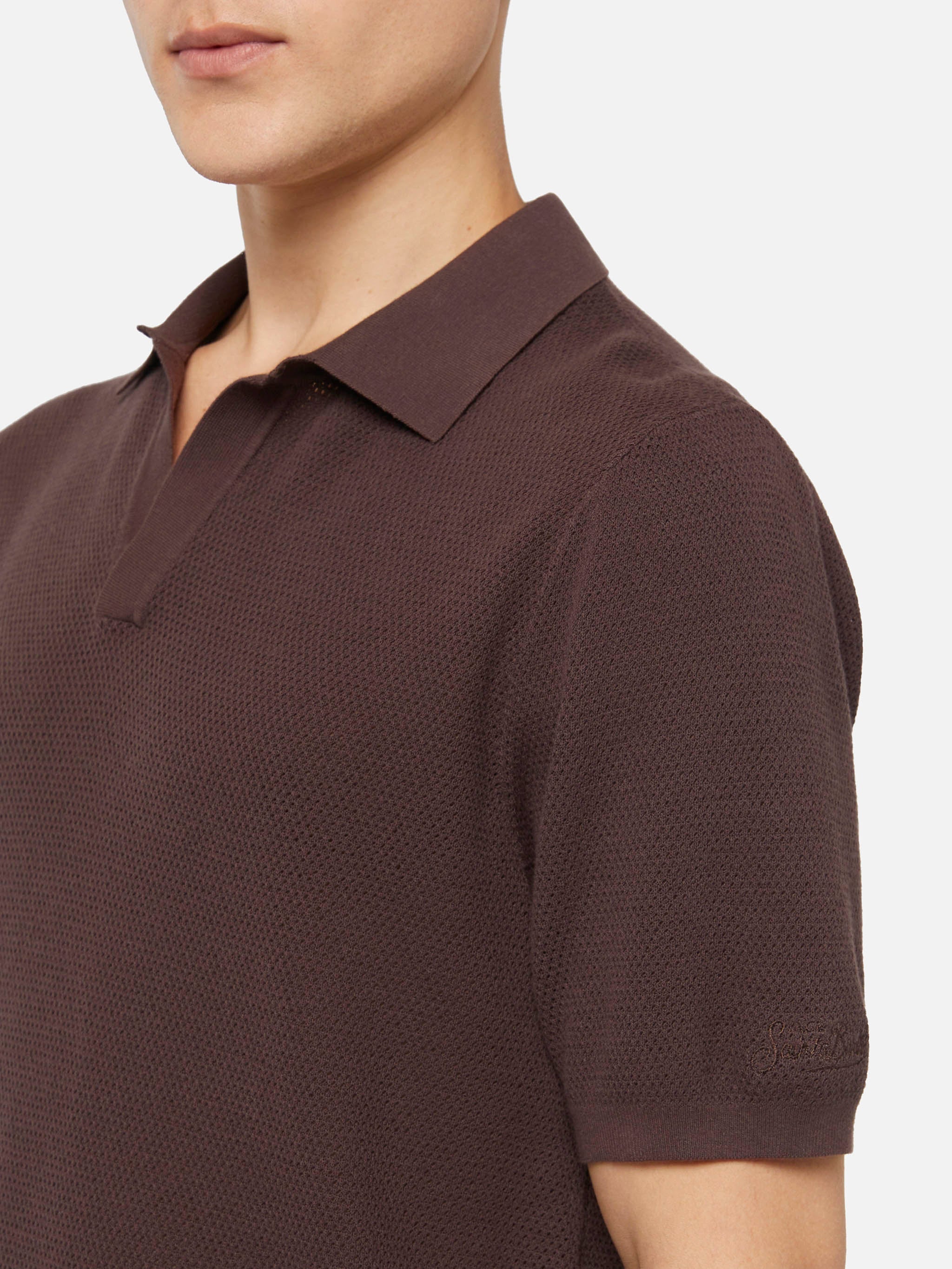 Sloan Brown Buttonless Mesh Knitted Polo Shirt Knitwear