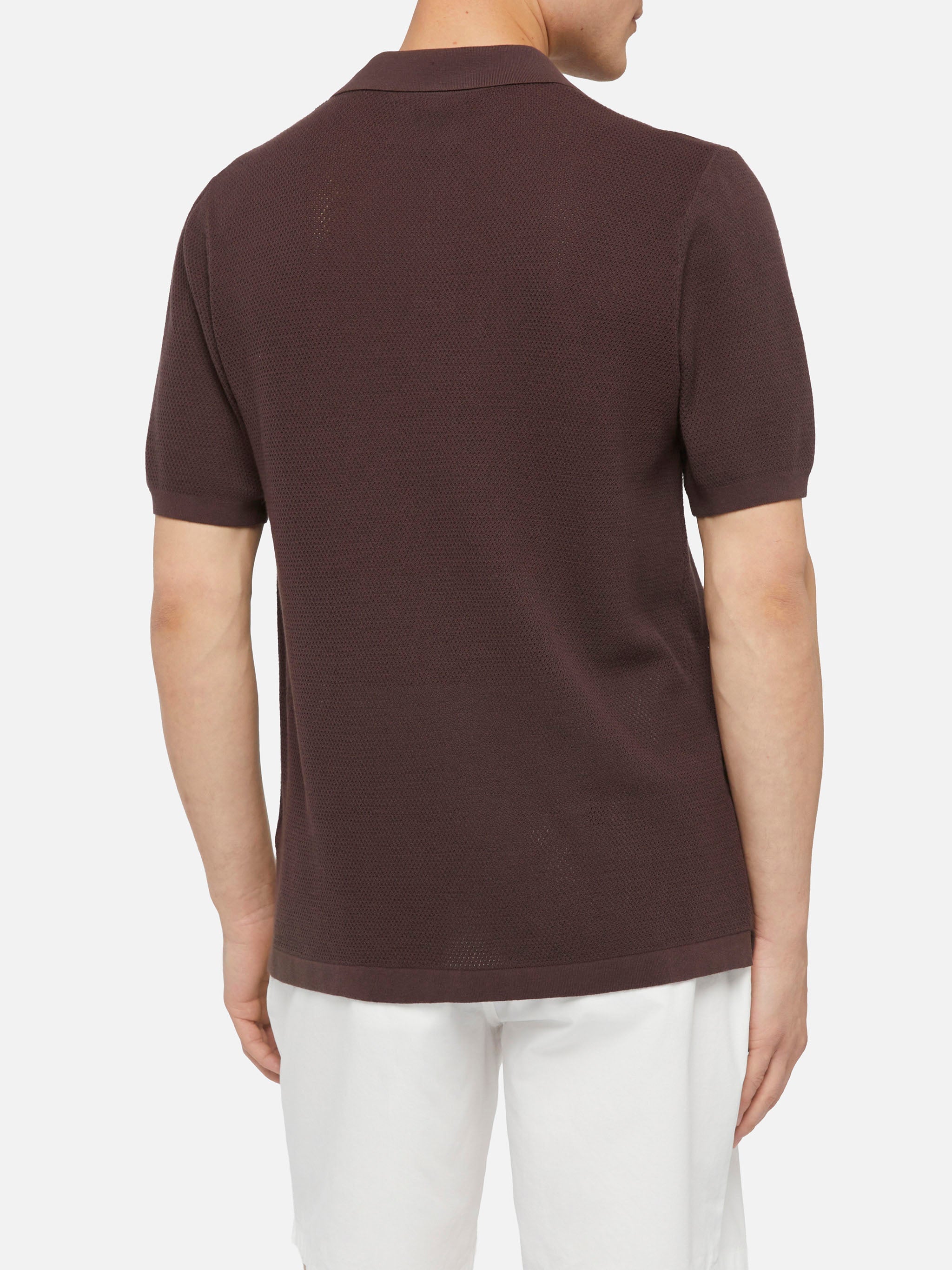 Sloan Brown Buttonless Mesh Knitted Polo Shirt Knitwear