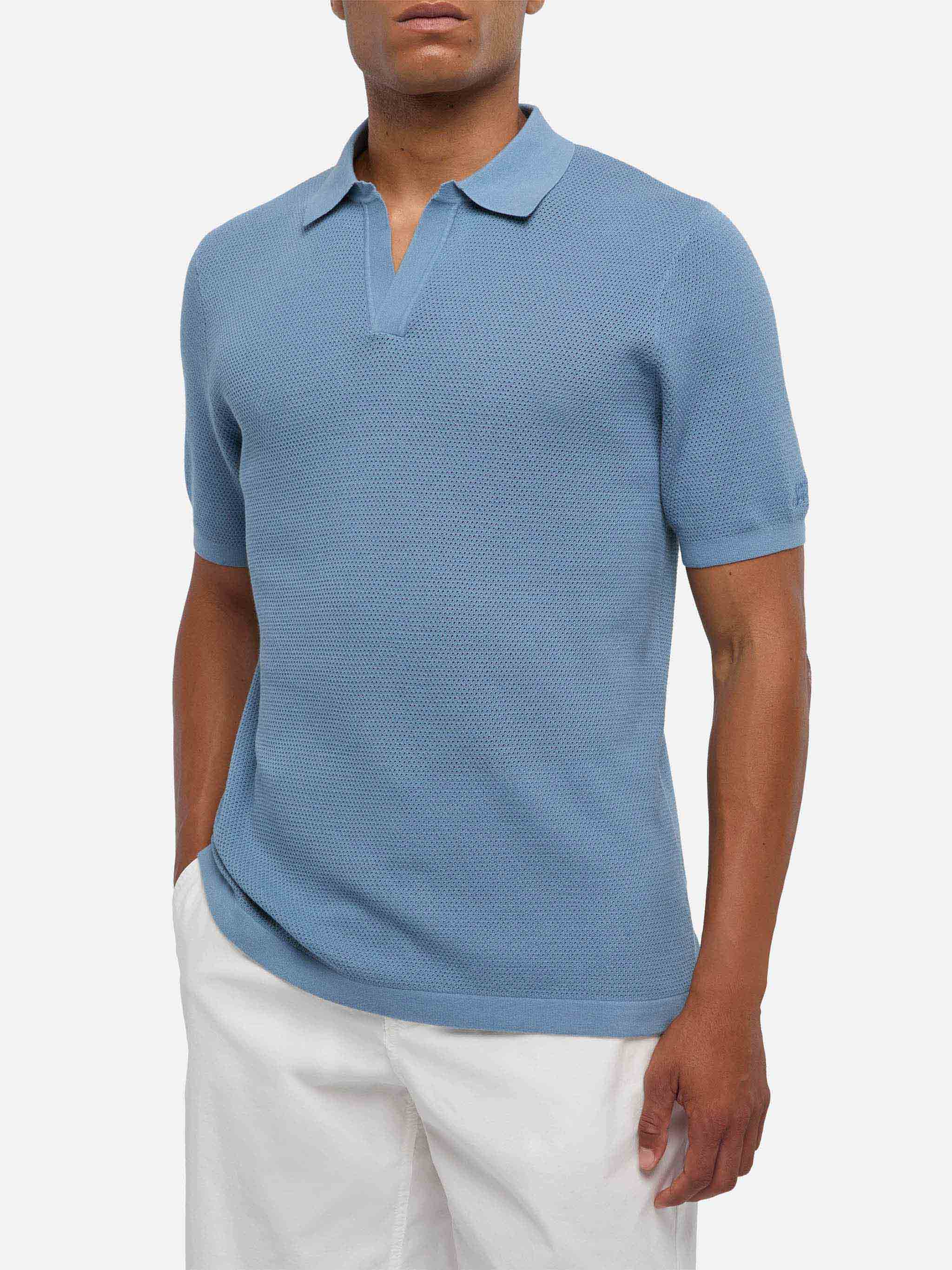 Sloan Dusty Blue Mesh Buttonless Knitted Polo Shirt Knitwear