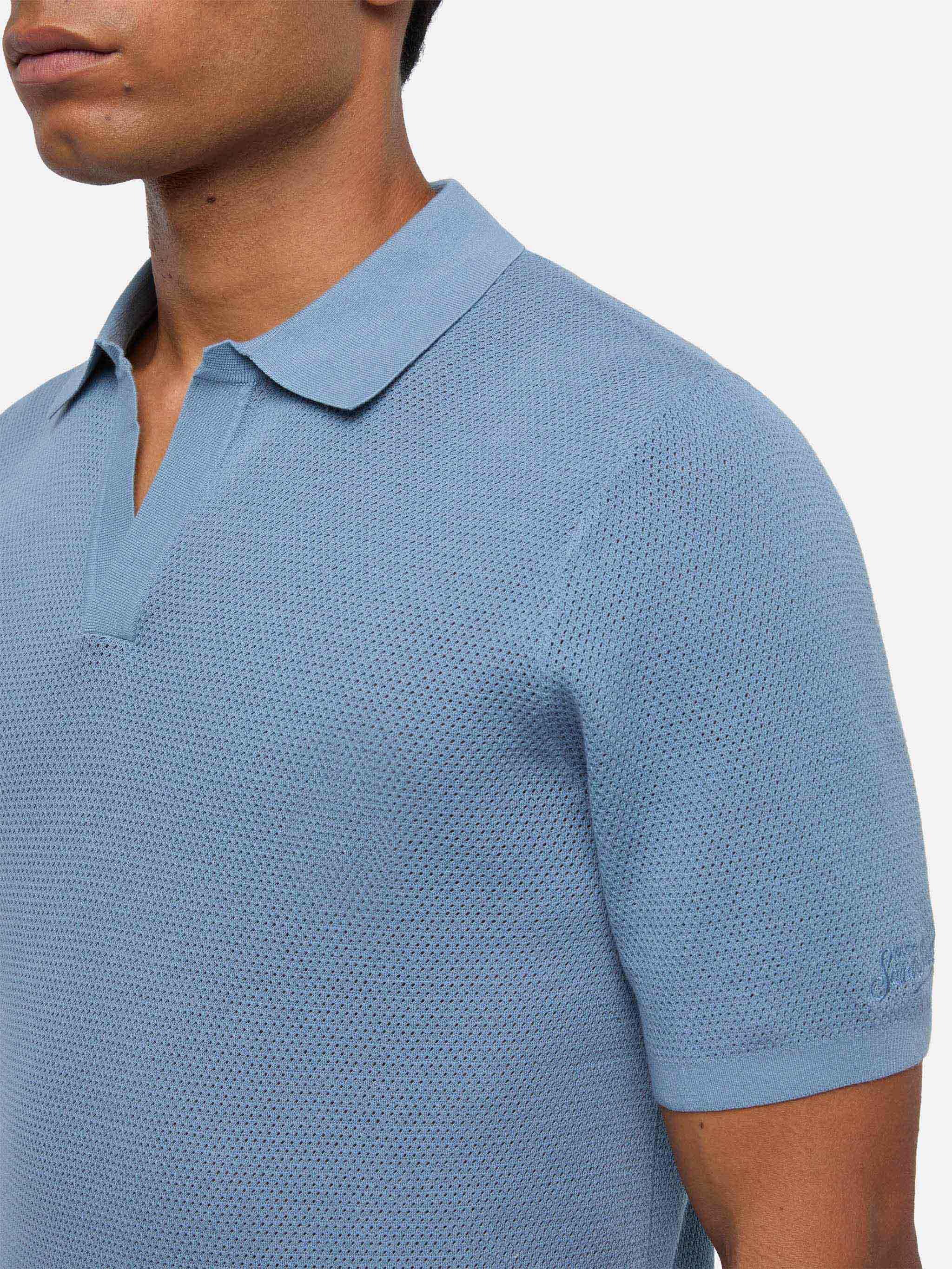 Sloan Dusty Blue Mesh Buttonless Knitted Polo Shirt Knitwear