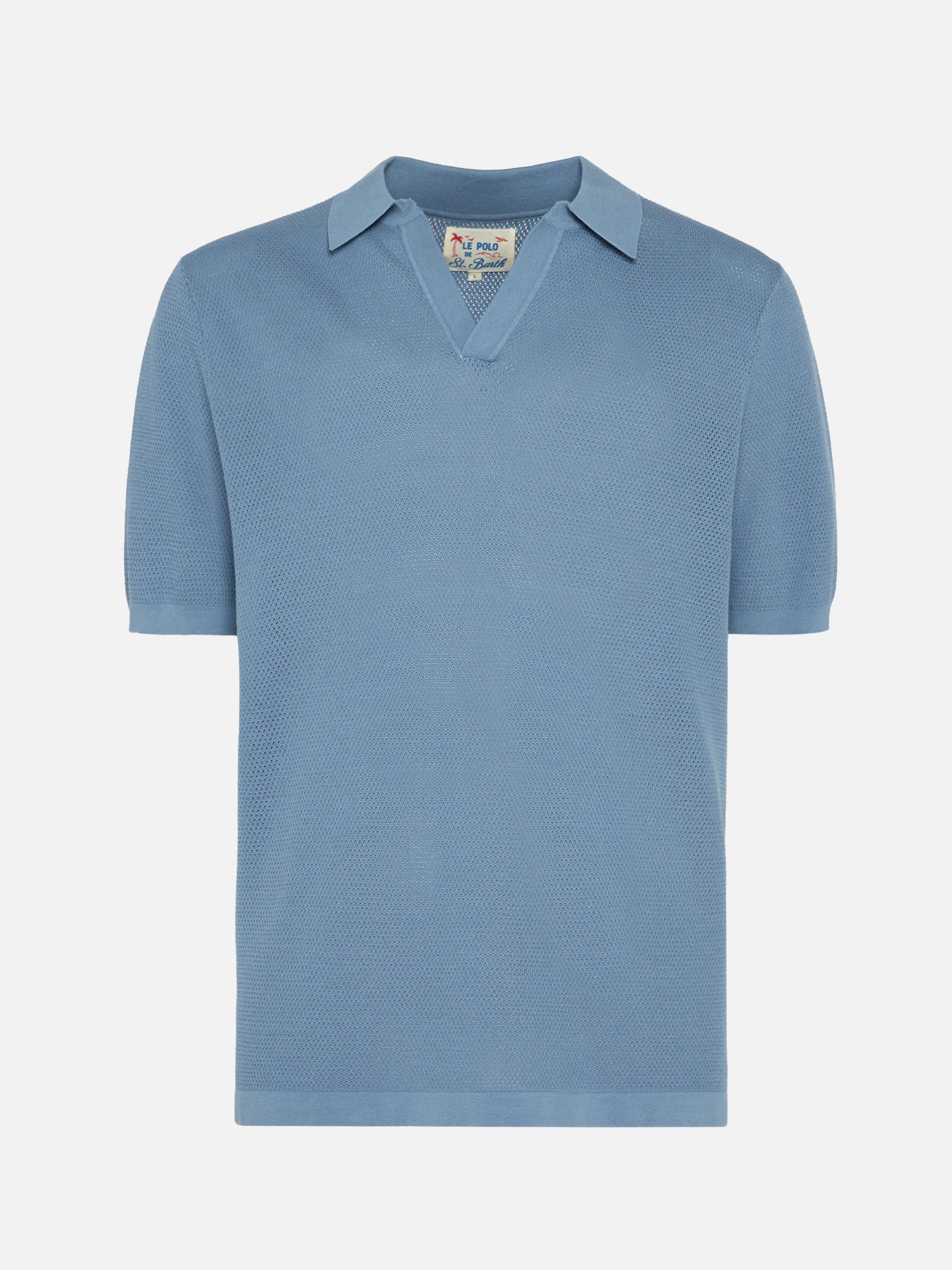 Sloan Dusty Blue Mesh Buttonless Knitted Polo Shirt Knitwear
