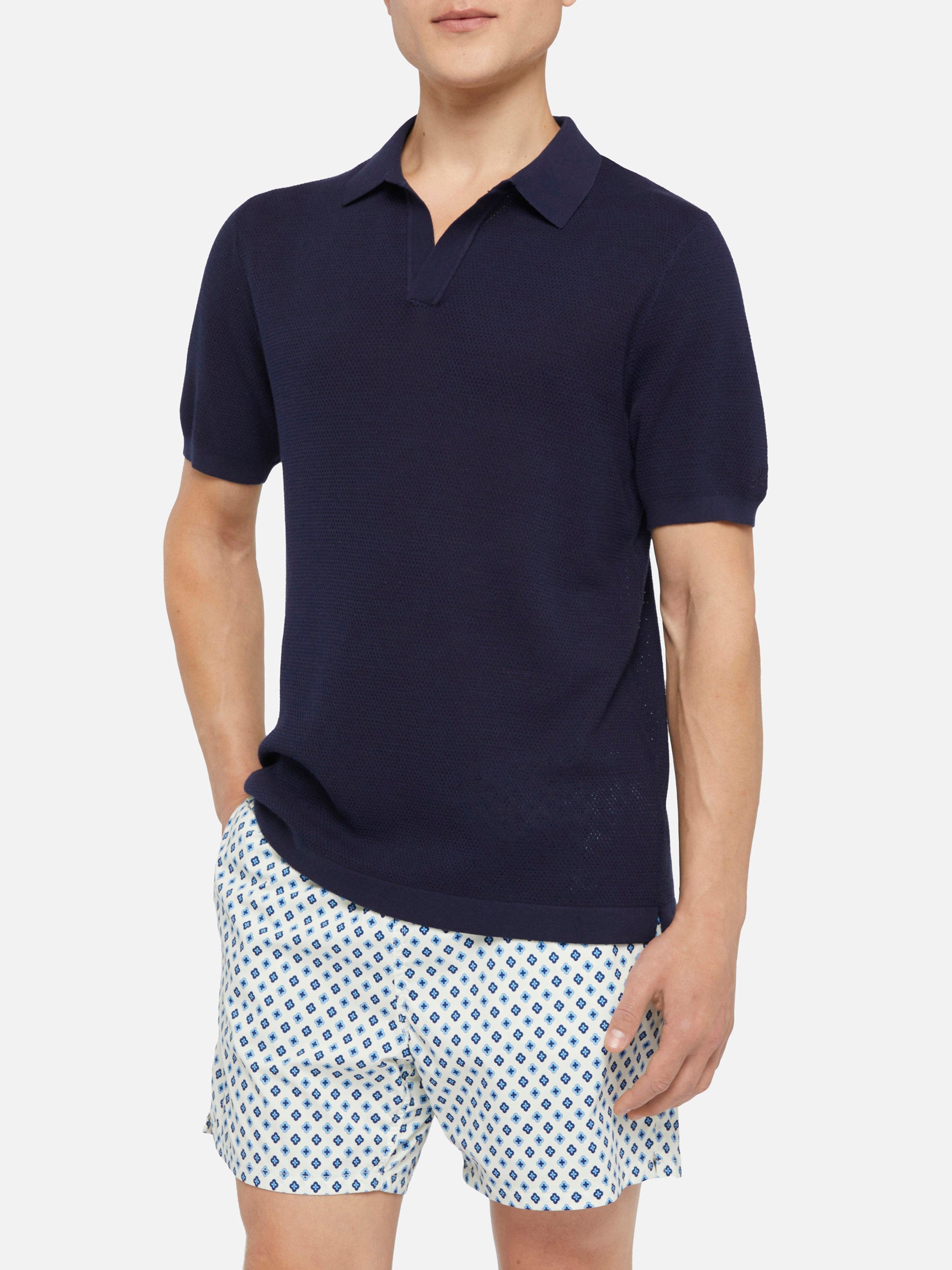 Sloan Navy Blue Mesh Buttonless Knitted Polo Shirt Knitwear