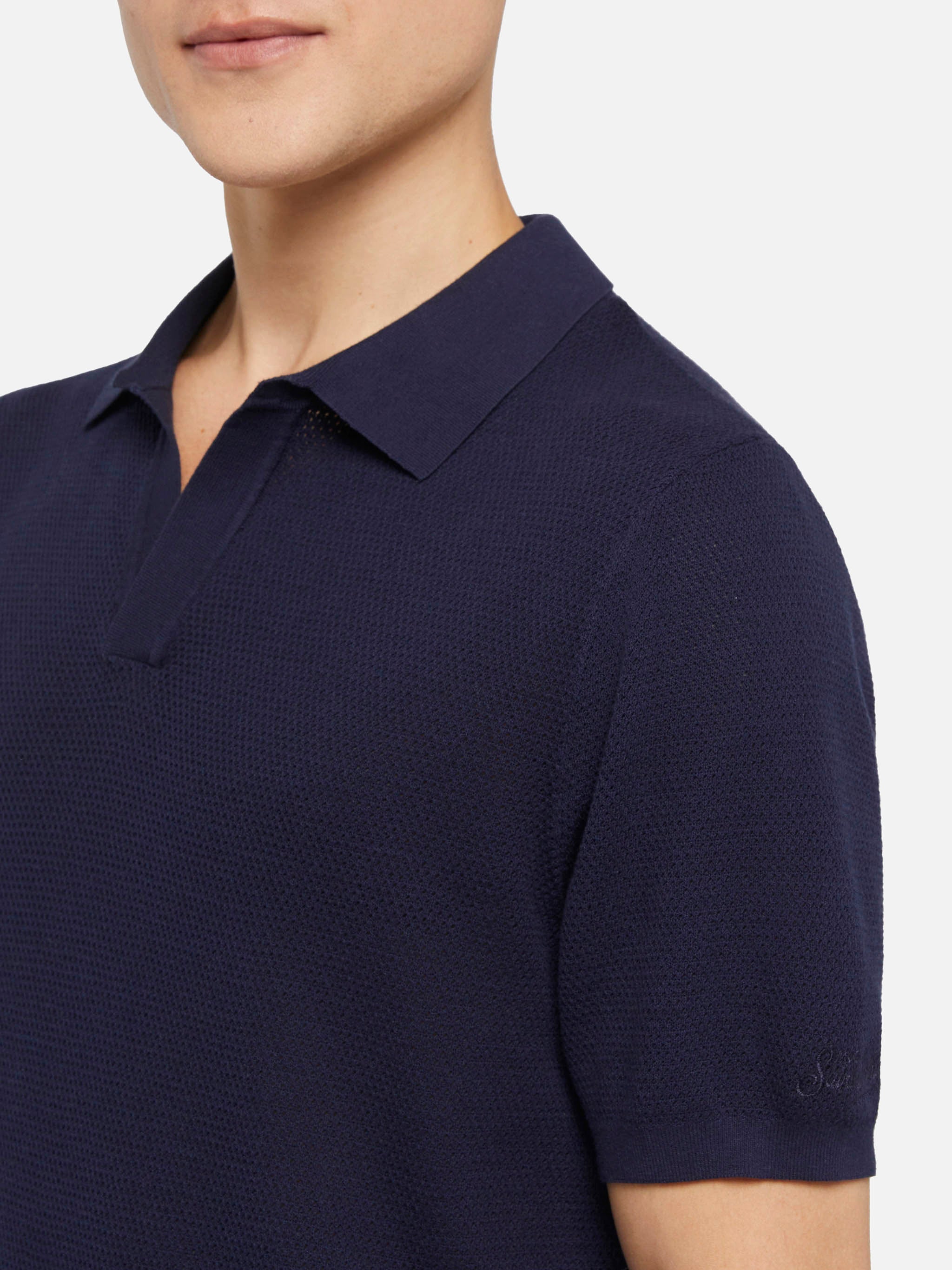 Sloan Navy Blue Mesh Buttonless Knitted Polo Shirt Knitwear