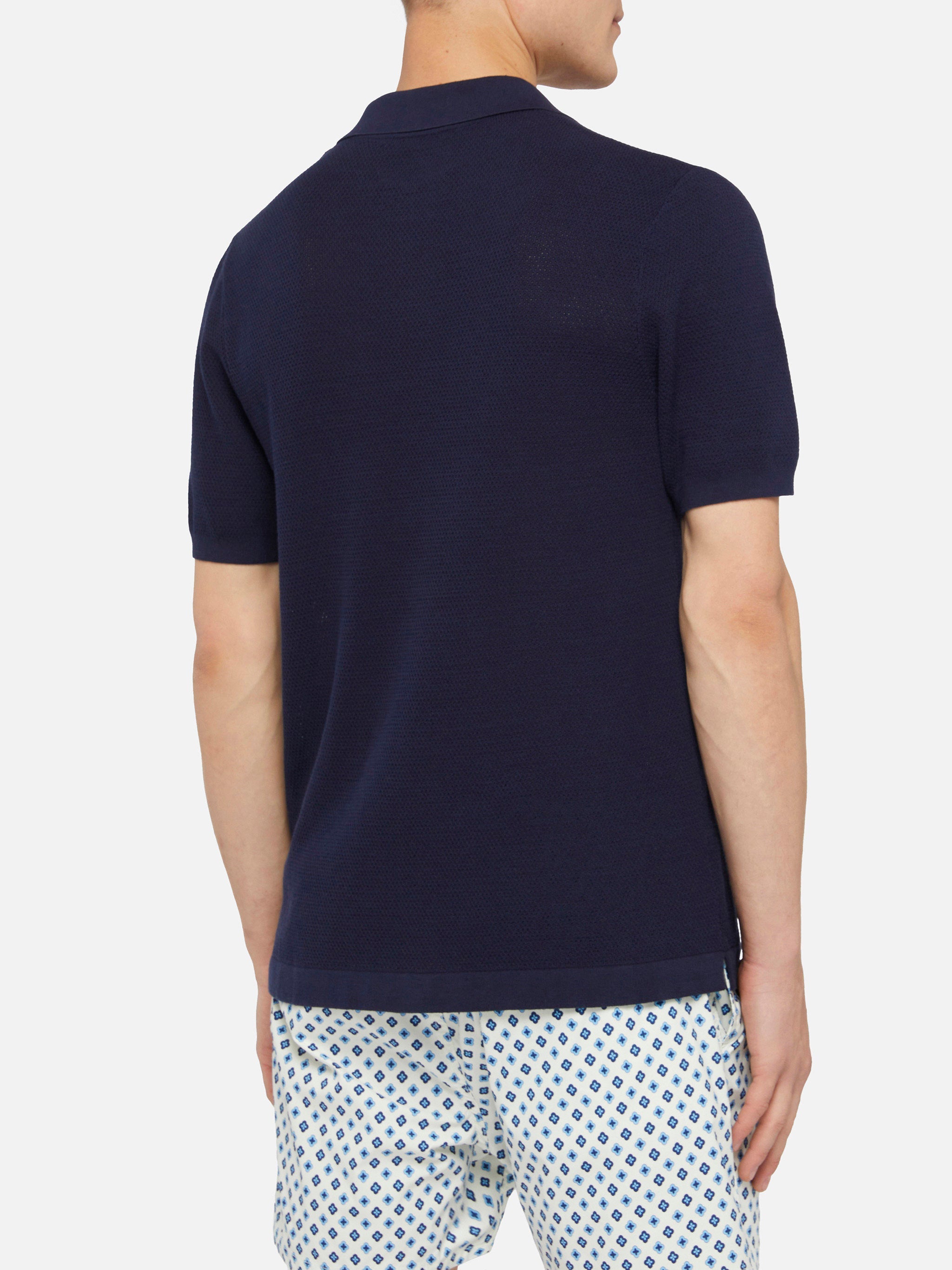 Sloan Navy Blue Mesh Buttonless Knitted Polo Shirt Knitwear