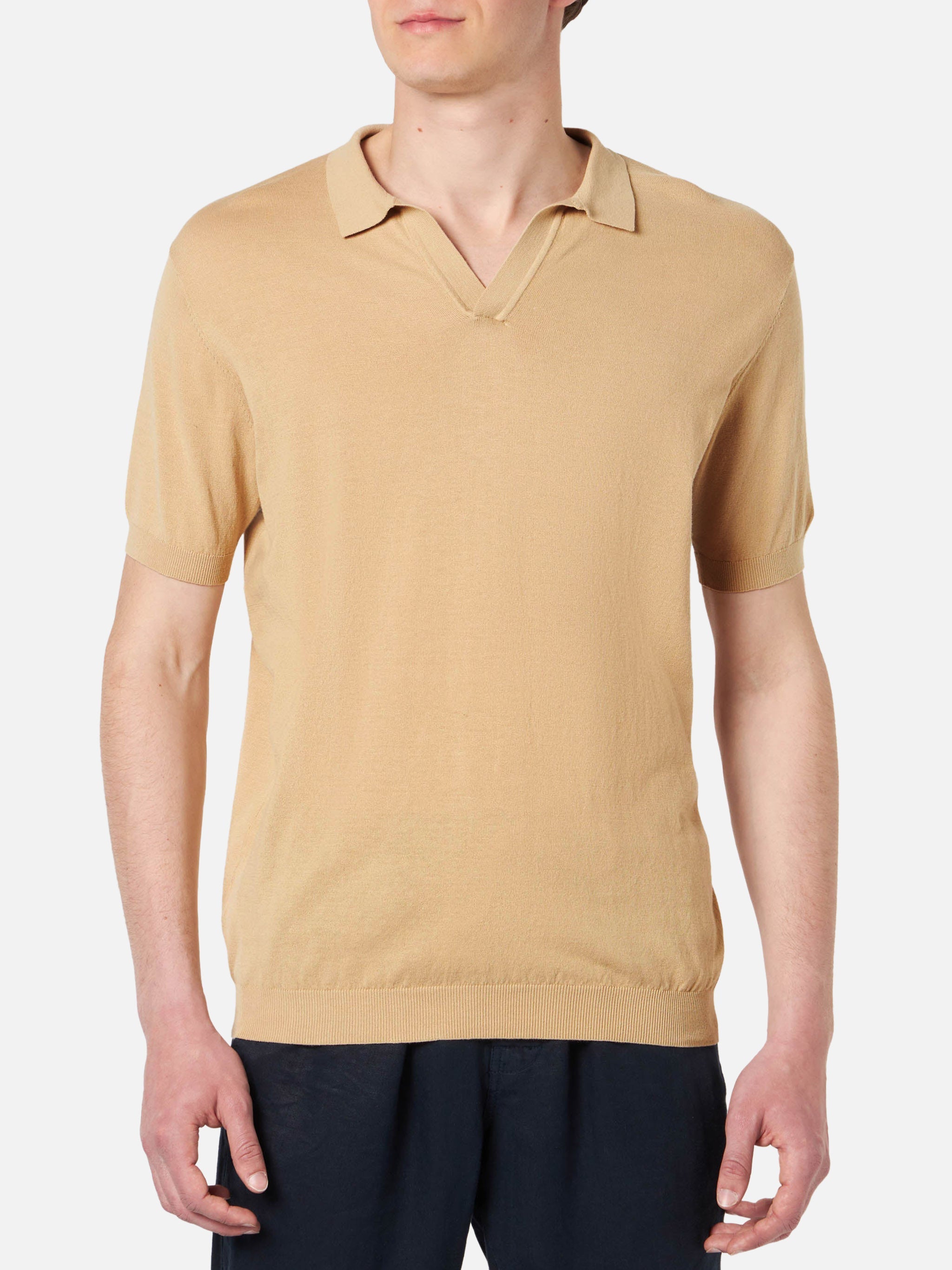 Sloan Beige Knitted Buttonless Polo Shirt White Knitwear