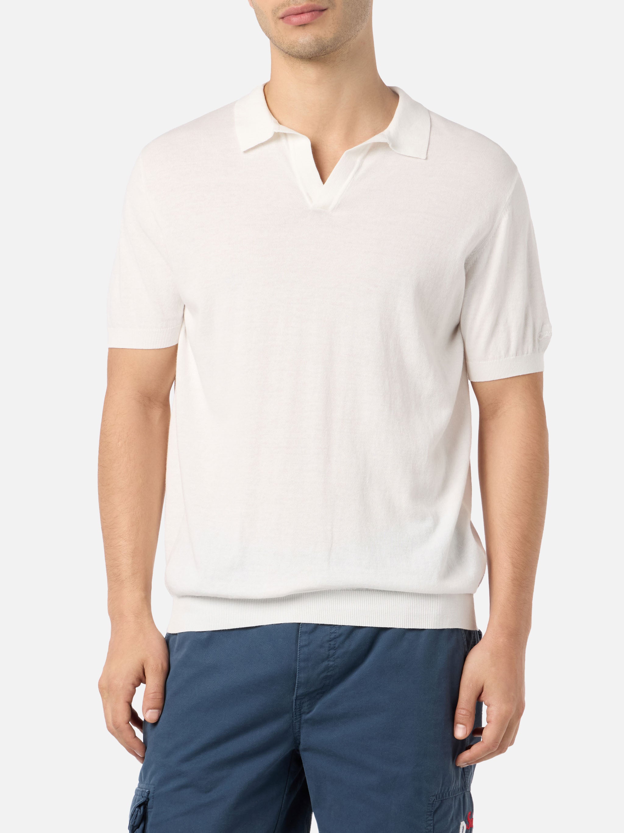 Off-Cream Buttonless Knitted Polo Shirt Sloan White Knitwear