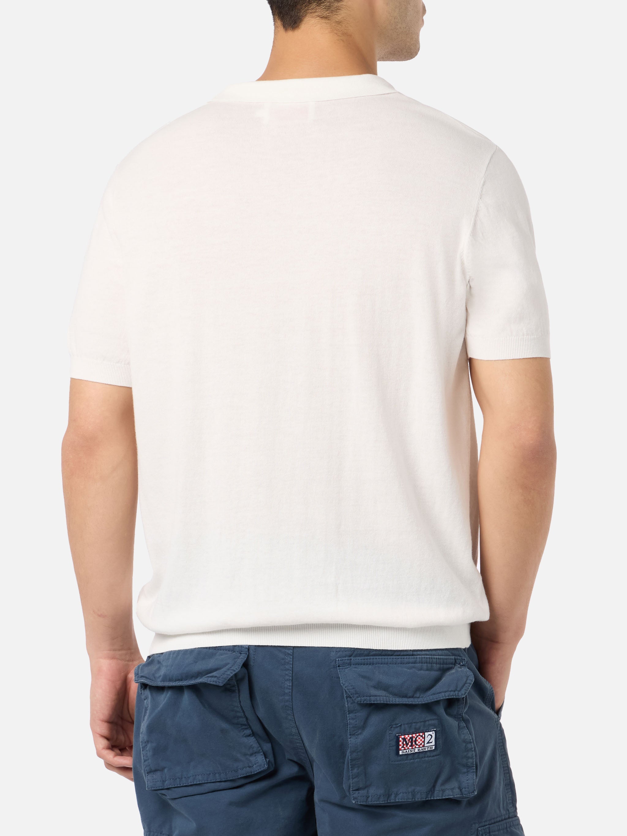 Off-Cream Buttonless Knitted Polo Shirt Sloan White Knitwear